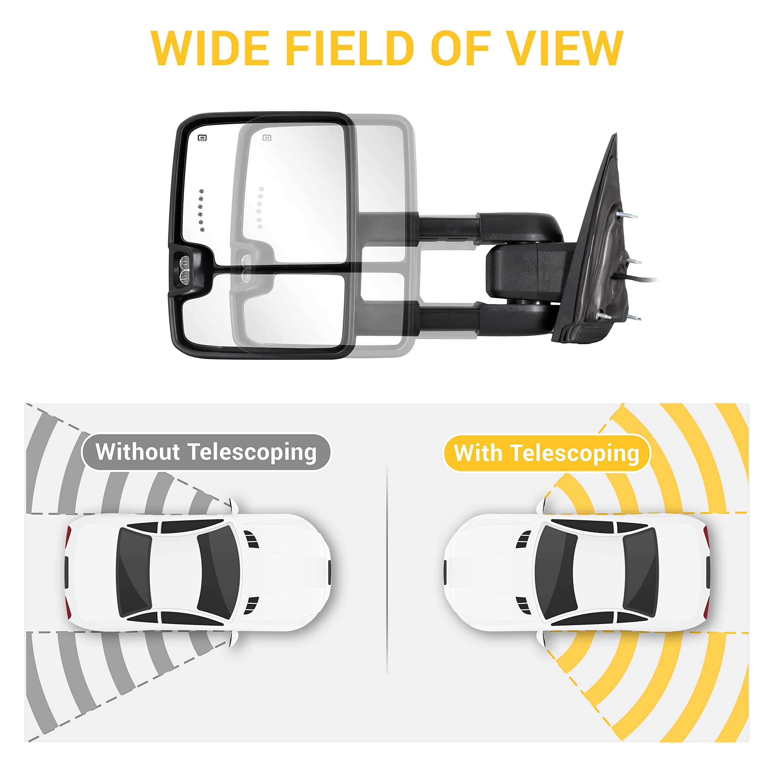 Sanooer Painted Black Towing Mirrors for 2014-2018 Chevy Silverado & GMC Sierra - Power Adjustable, Heated Glass, Switchback Dynamic Turn Signal & Running Lights - Perfect for Towing, Off-Roading & Night Driving