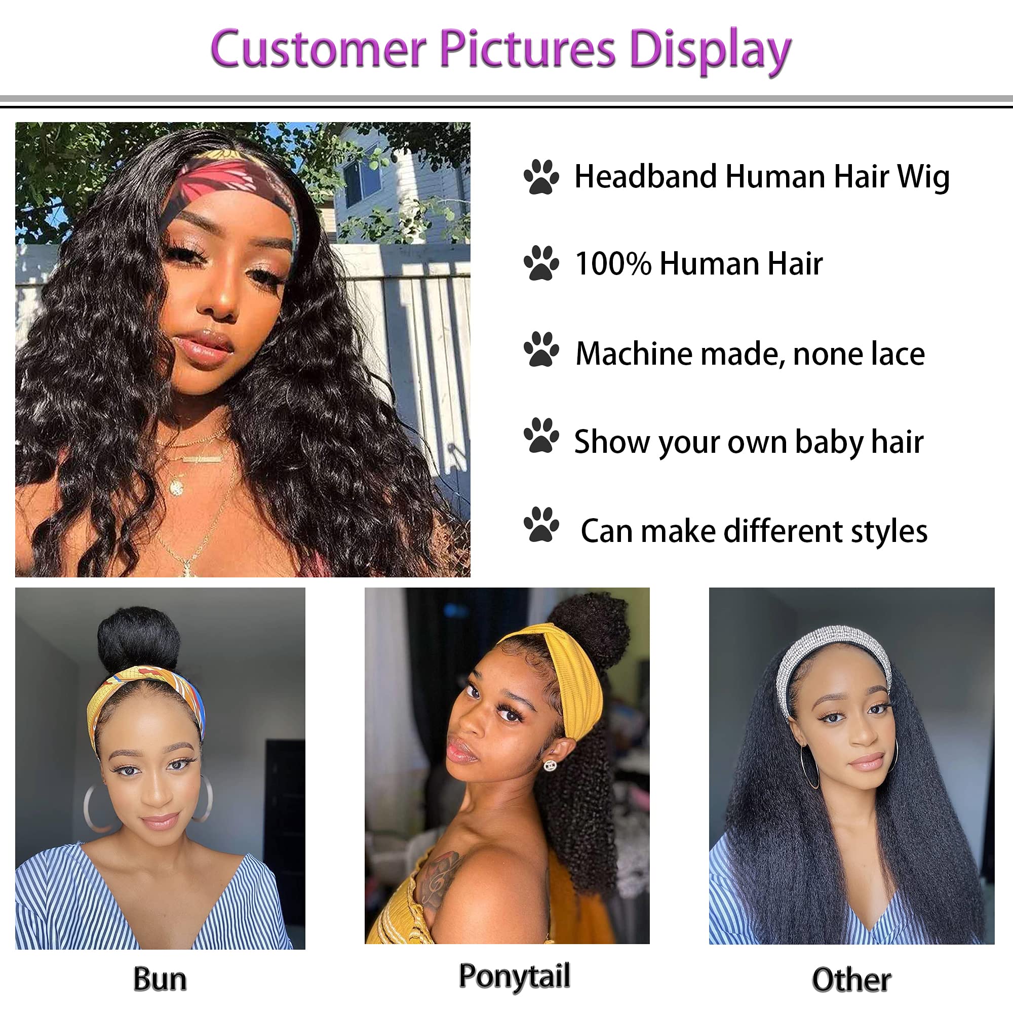 24 Inch Kinky Curly Headband Wig Human Hair - Glueless No Lace Front 180% Density Jerry Curly Wigs for Black Women (Natural Black Color) | Perfect for Daily Wear, Parties, Weddings & Protective Styling