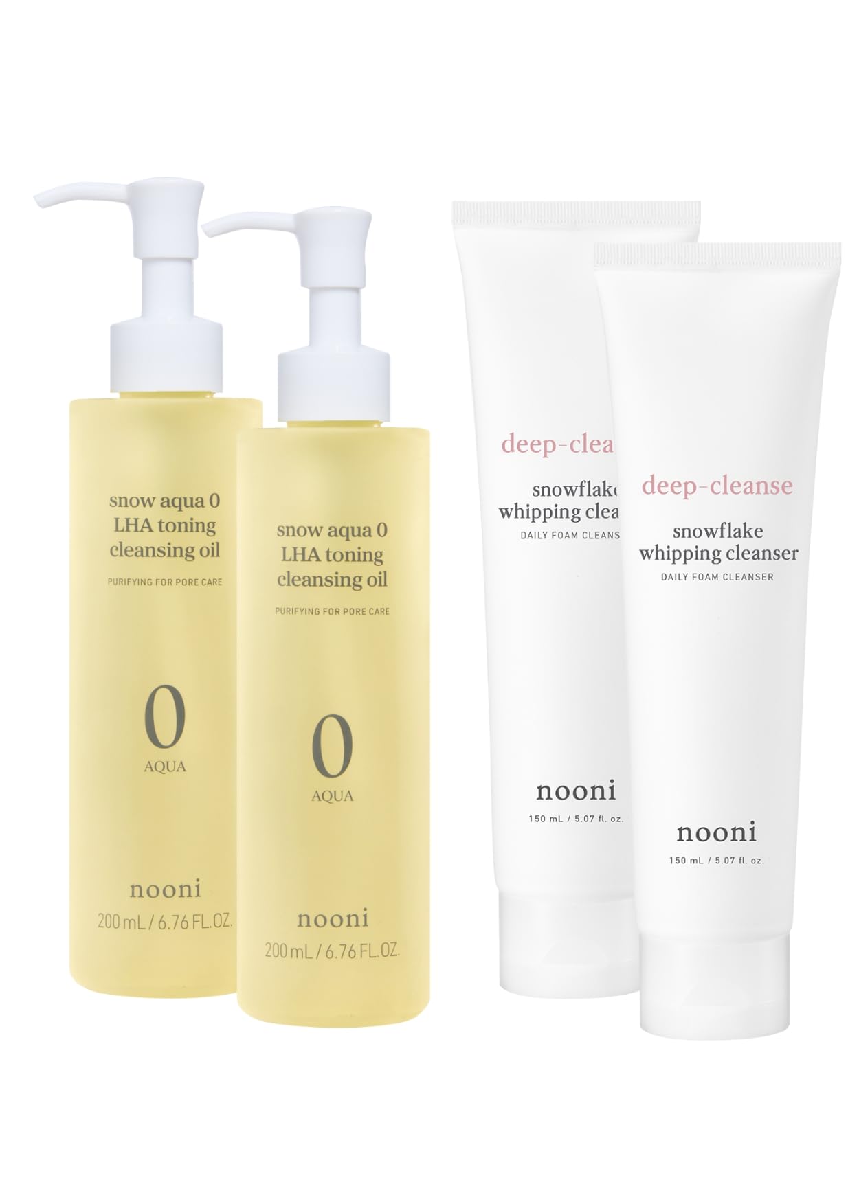 NOONI Korean Facial Cleansing Oil & Foam Wash Bundle - Snow Aqua 0 LHA Toning Pore Care Oil Cleanser (200ml x2) + Snowflake Whipping Foam Cleanser (150ml x2) | Deep Cleansing, Hydrating & Pore Minimizing | Perfect for Double Cleansing Routine & Daily Skincare