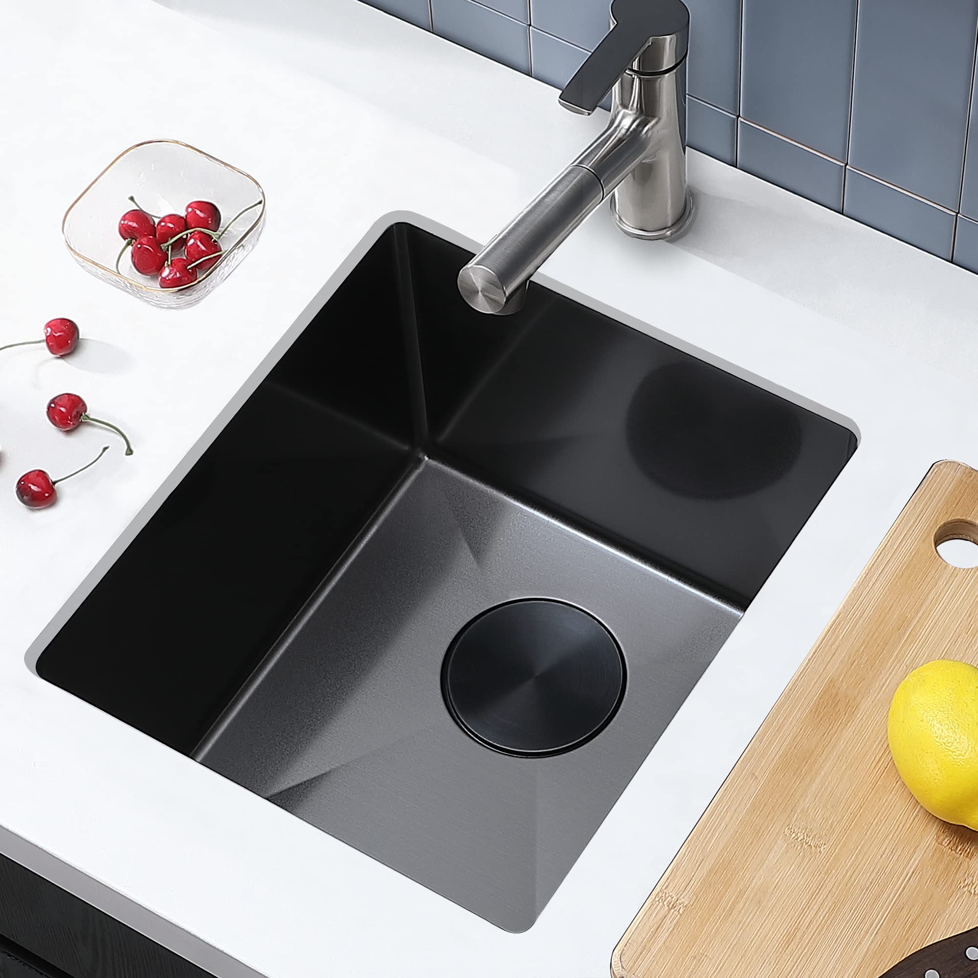 15x17 Inch Black Undermount Bar Sink - Stainless Steel Single Bowl Prep Sink with Bottom Grid & Strainer - Perfect for RV Kitchen, Wet Bar, and Modern Home Use
