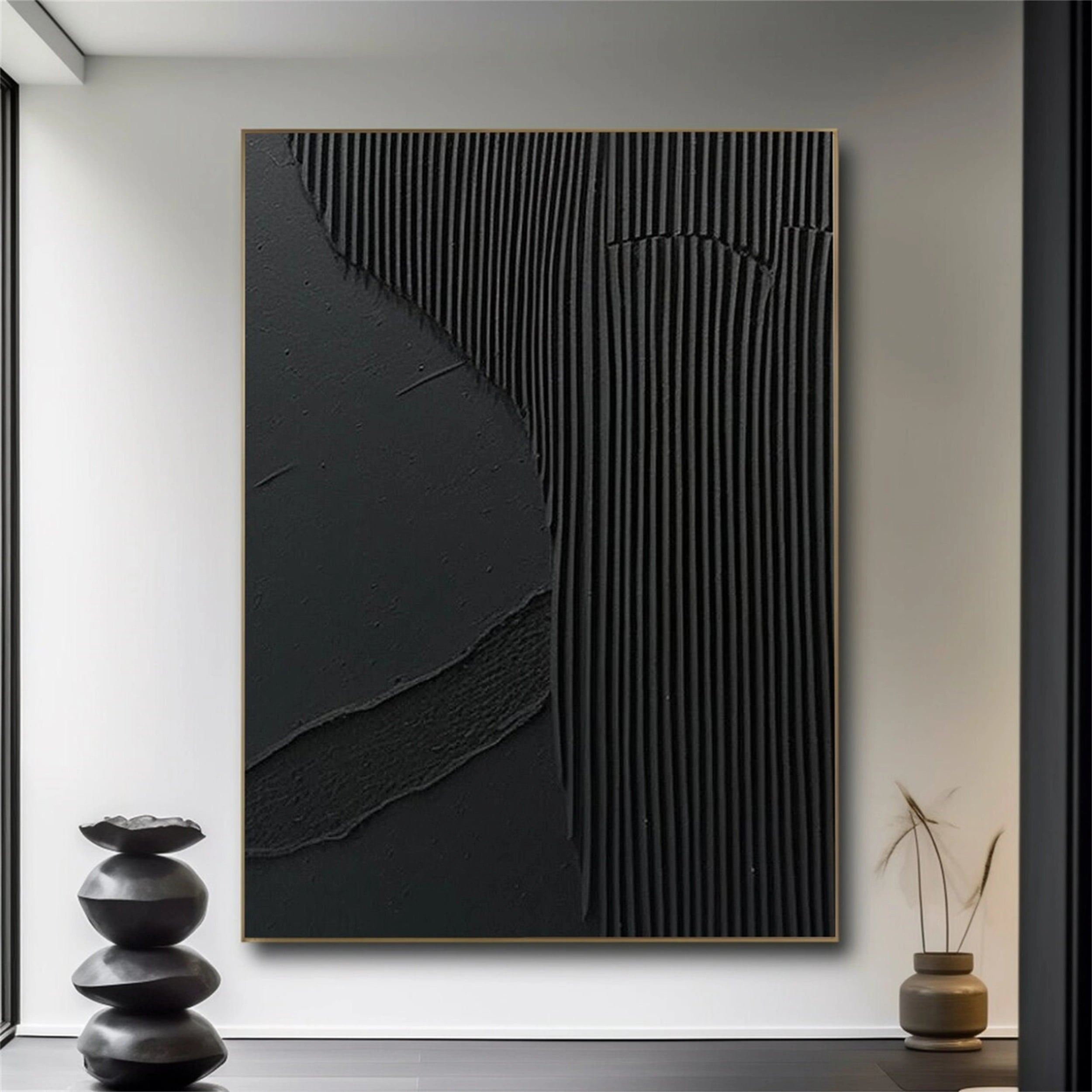 Black Minimalist Textured Painting Canvas - Modern Abstract Wall Art for Home & Office Decor | Perfect for Living Room, Bedroom & Studio | #MZ075