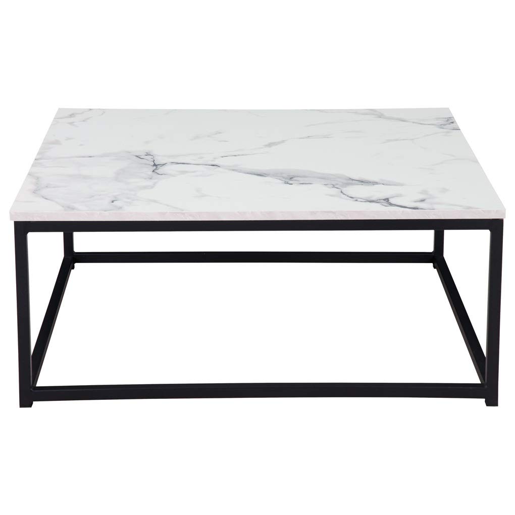 Modern Round Coffee Table with Gold Metal Frame & Faux Marble Top - Open Shelf Storage Accent Table for Living Room, Bedroom or Office - Stylish End Table for Small Spaces