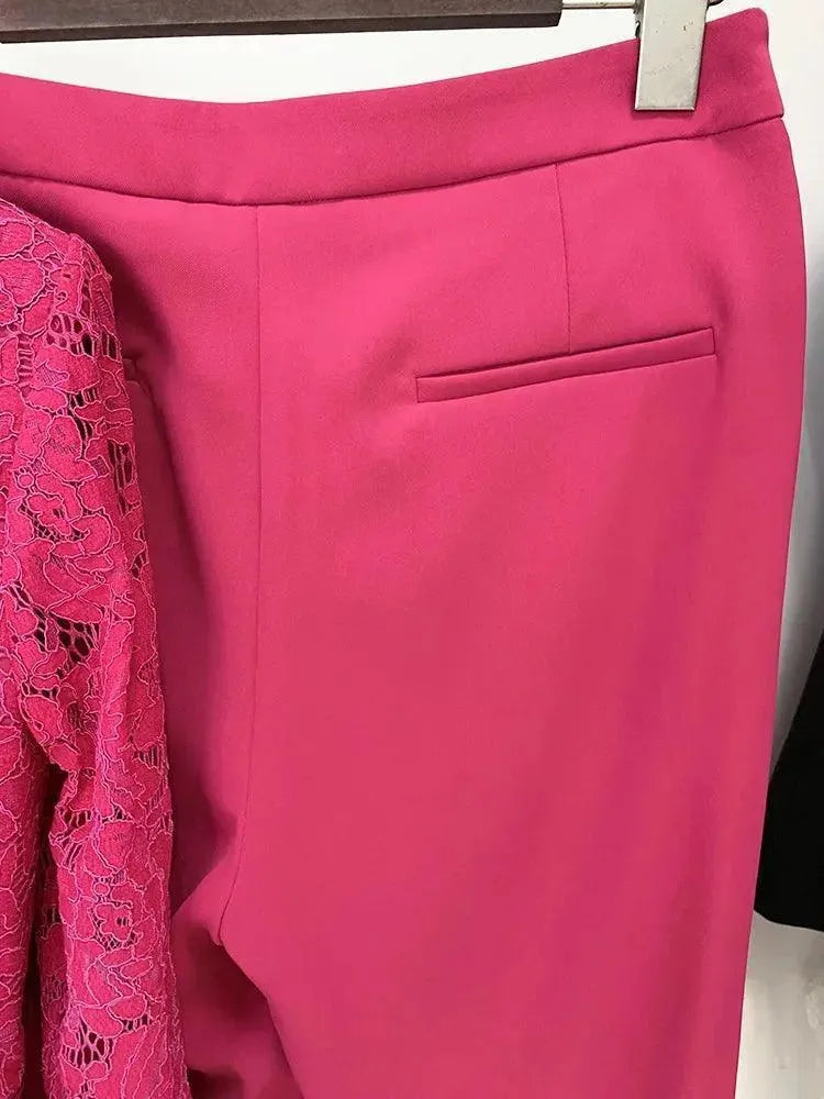 Elegant Lace Patchwork Women's Pant Suit Set with Flared Pants - Formal Office Wear & Evening Party Outfit