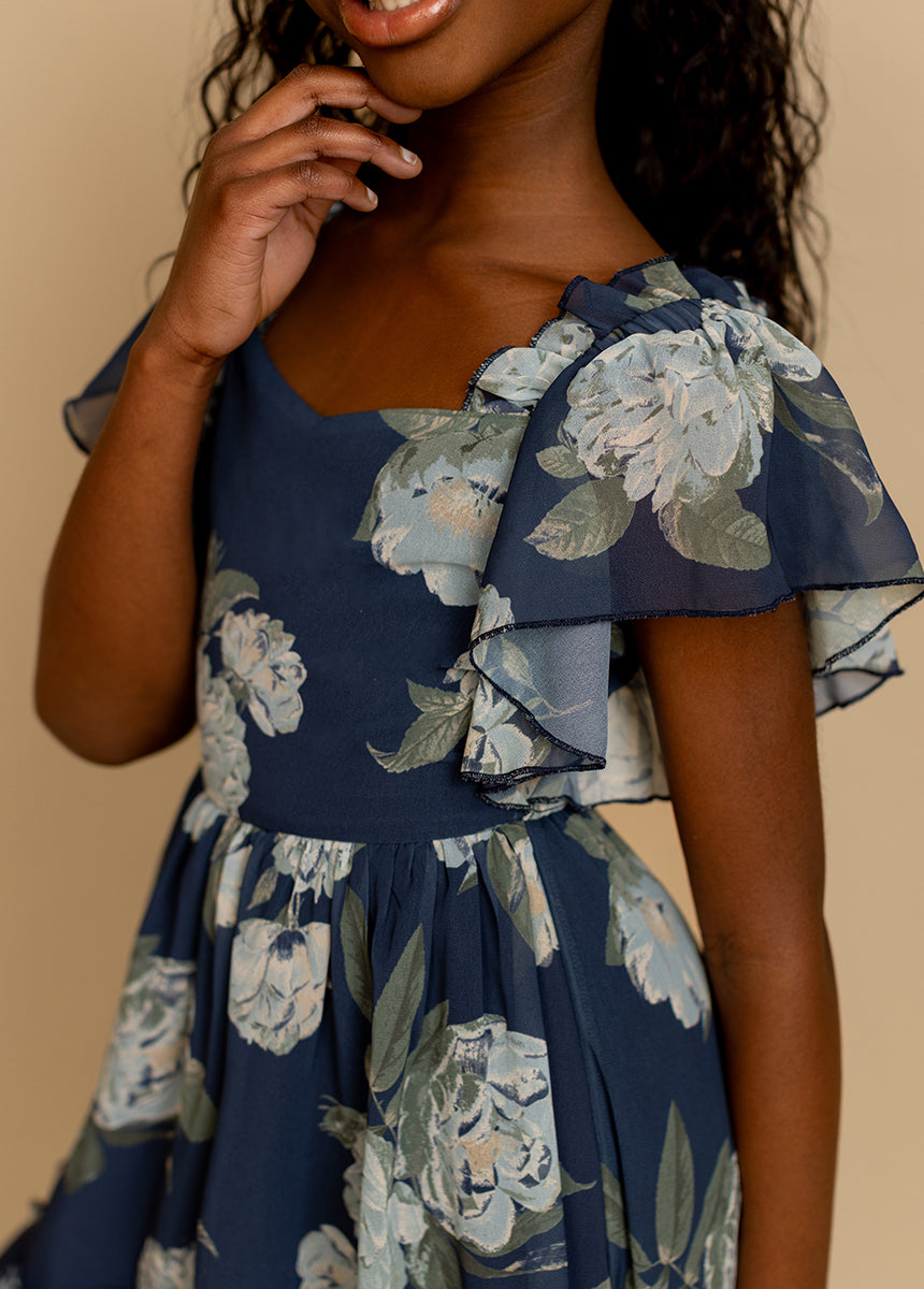 Dimia Women's Floral Print Dress - Navy Blue, Size Large | Elegant Casual Wear for Summer, Parties & Office Outfits