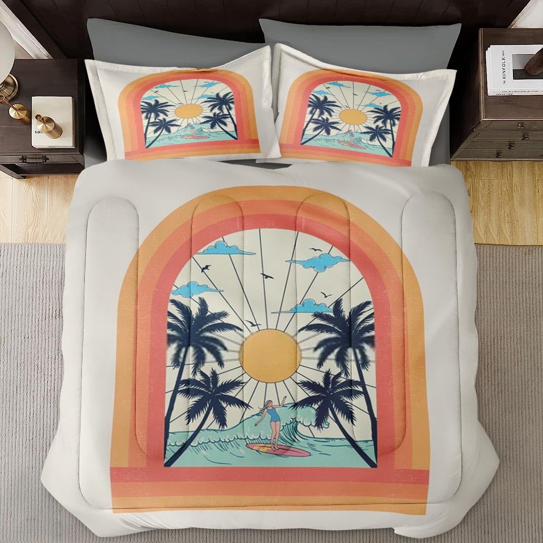 Queen Size Comforter Set - Tropical Palm Beach Summer Bedding for Kids & Adults, Soft Tree Sunset Surfboard Design with 2 Pillowcases - Perfect for Bedroom Decor, Guest Rooms & Vacation Homes