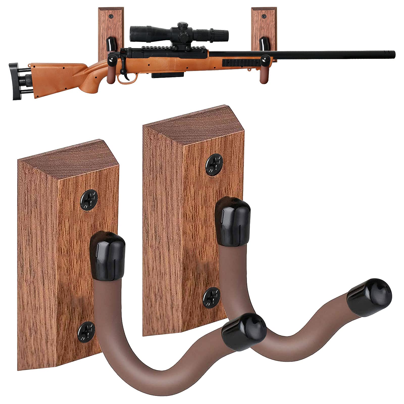 GOHIKING Horizontal Gun Rack - Premium Hardwood Shotgun Hooks for Rifles, Bows & Firearms Storage - Soft Padded Wall Mount Hangers for Secure Weapon Display in Home, Office or Hunting Cabin