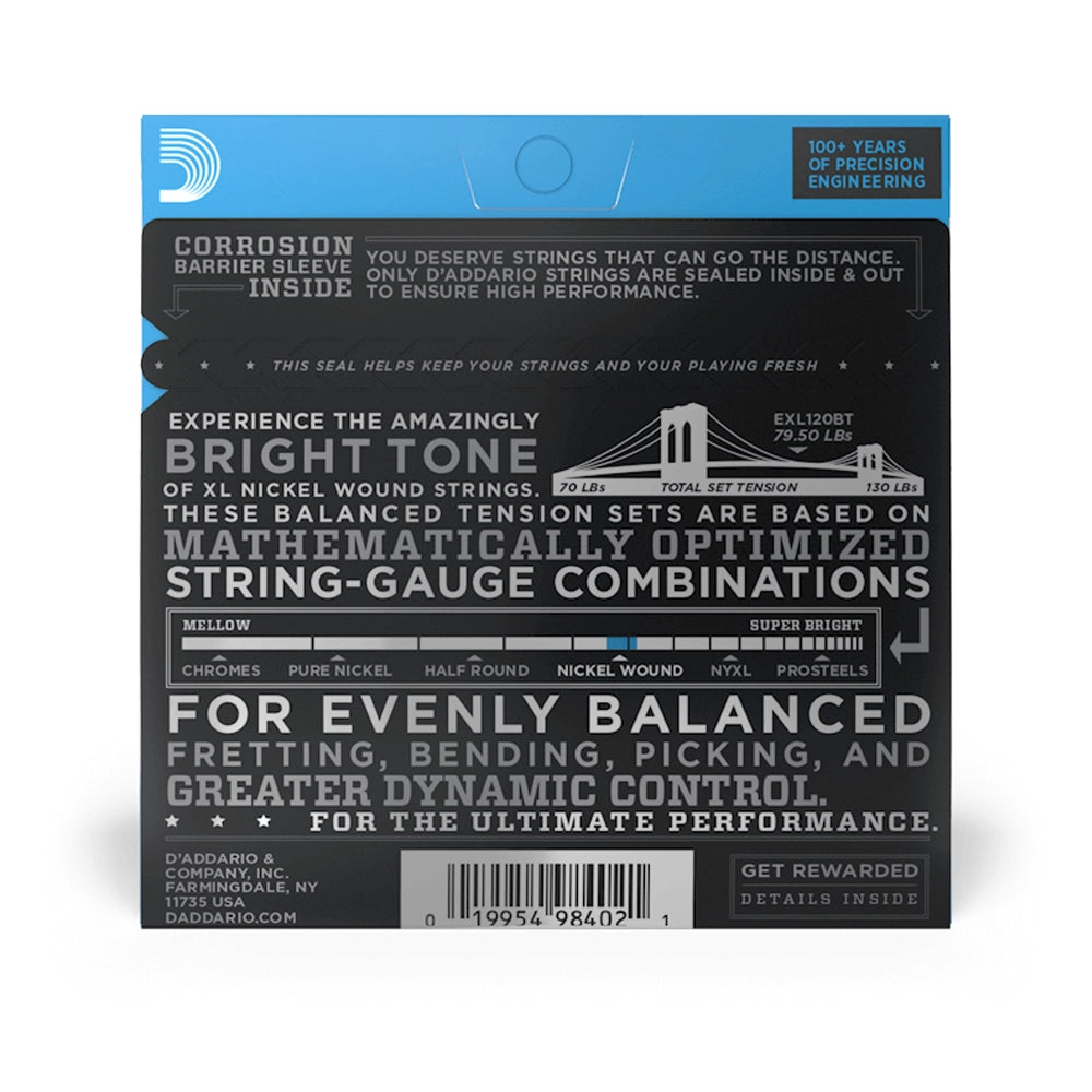 D'Addario EXL120BT Balanced Tension X Lite Electric Guitar Strings - Single Pack (10-46 Gauge) for Rock, Blues & Jazz Performance