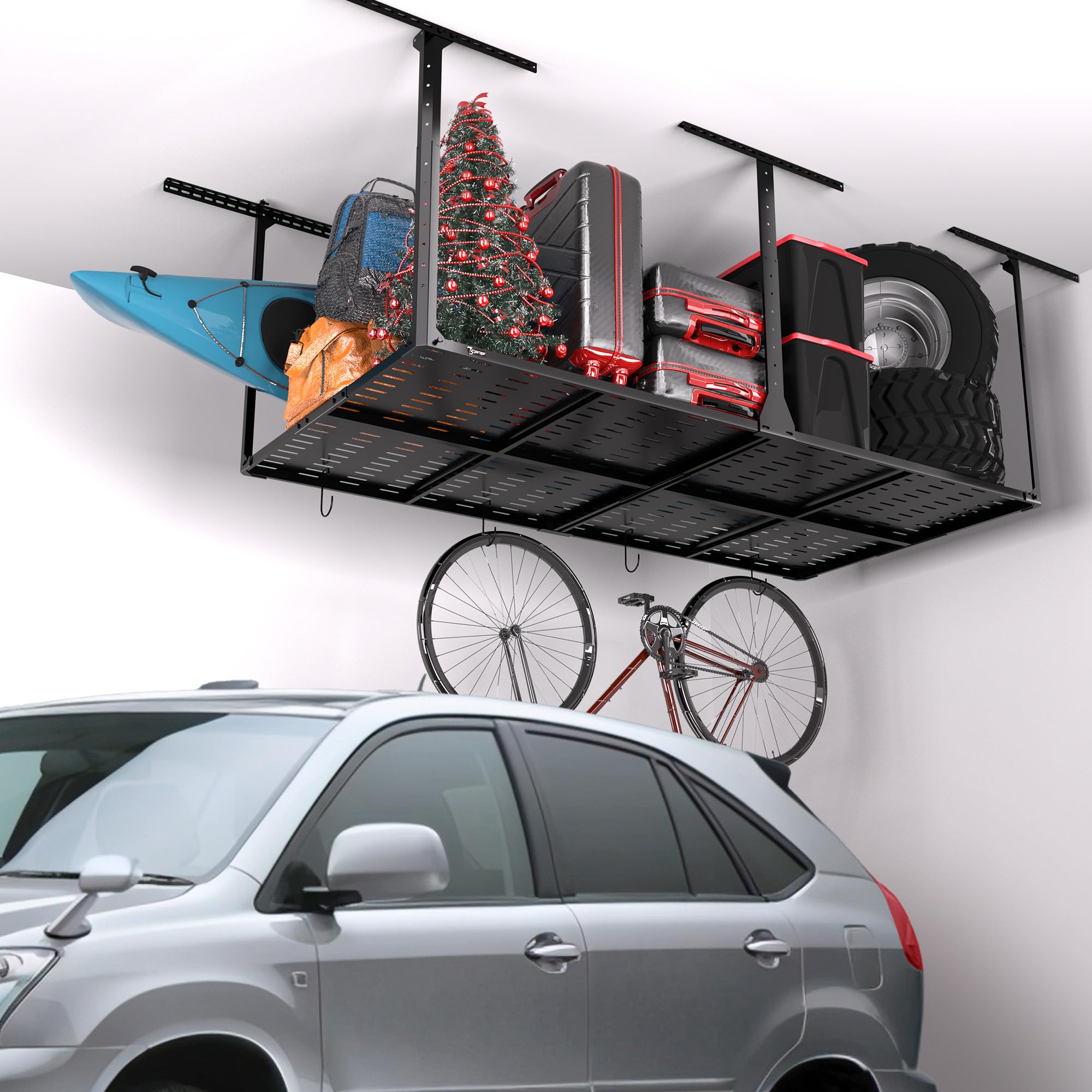 4x8 Overhead Garage Storage Rack with 6 Hooks - Heavy Duty 600lbs Capacity Adjustable Ceiling Shelves for Garage Organization - Easy Installation - Perfect for Storing Seasonal Items, Sports Equipment & Tools