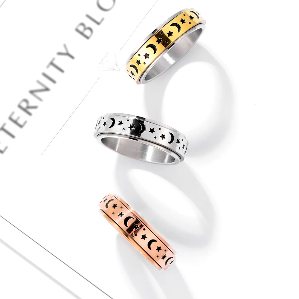 **Anxiety Relief Spinner Rings for Women & Men - 18K Gold Plated 6mm Fidget Ring with Moon & Star Design - Titanium Steel Stress Relief Jewelry (Size 6-11) - Perfect for ADHD, Anxiety & Focus Aid**