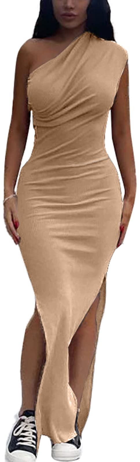 Elegant One Shoulder Maxi Dress for Women - Sleeveless Ruched Bodycon Party Gown with High Slit | Perfect for Cocktail Parties, Date Nights & Special Occasions