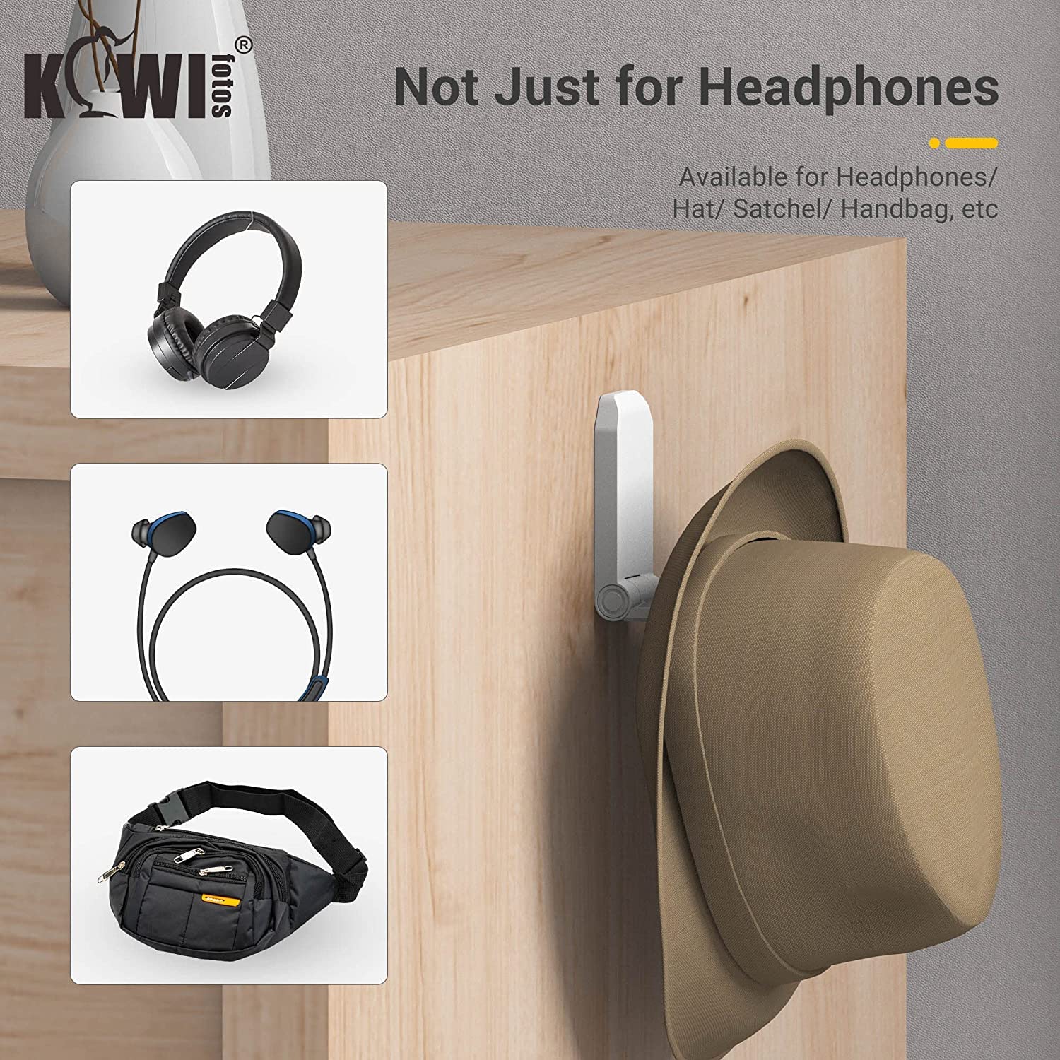 KIWIFOTOS Adhesive Desk Headphone Hanger - Foldable Under Desk Hook Mount for Gaming Headsets & PC Accessories - Wall Mountable Headset Holder Stand (White) - Perfect for Home Office, Gaming Setup & Workspace Organization