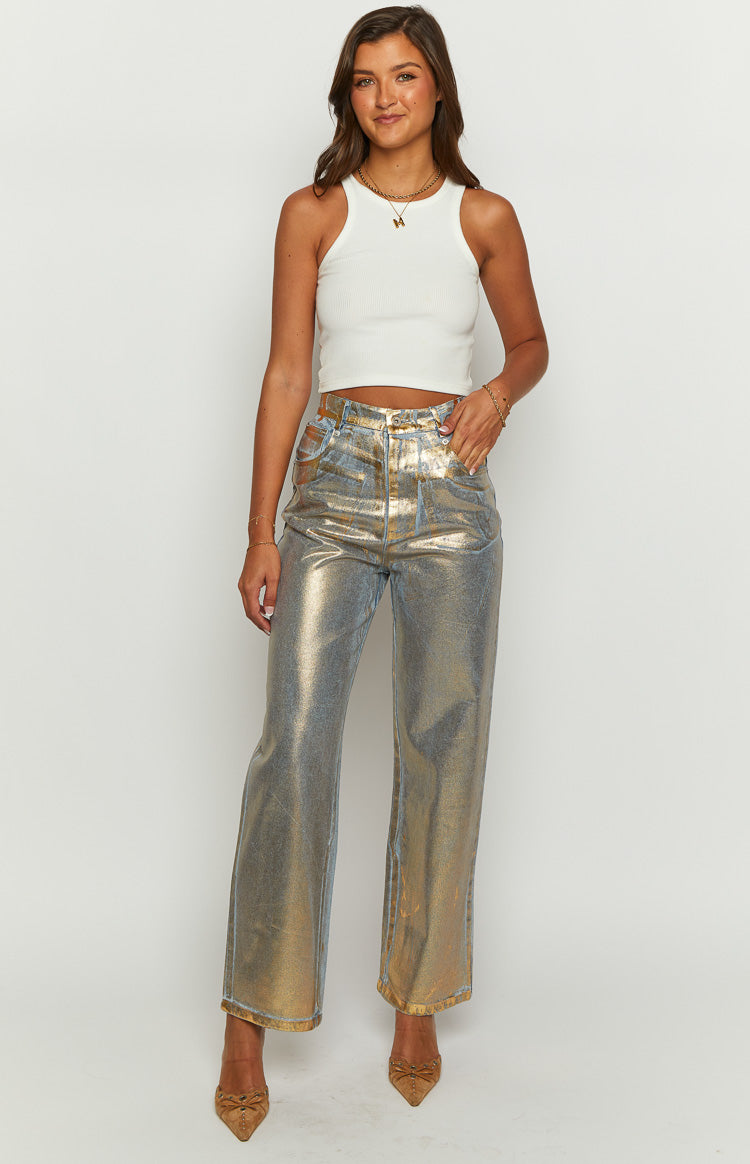 Chrome Cascade Gold Metallic Jeans for Women - High Waist Skinny Stretch Denim Pants - Fashionable Shiny Jeans for Night Out, Party, and Special Occasions