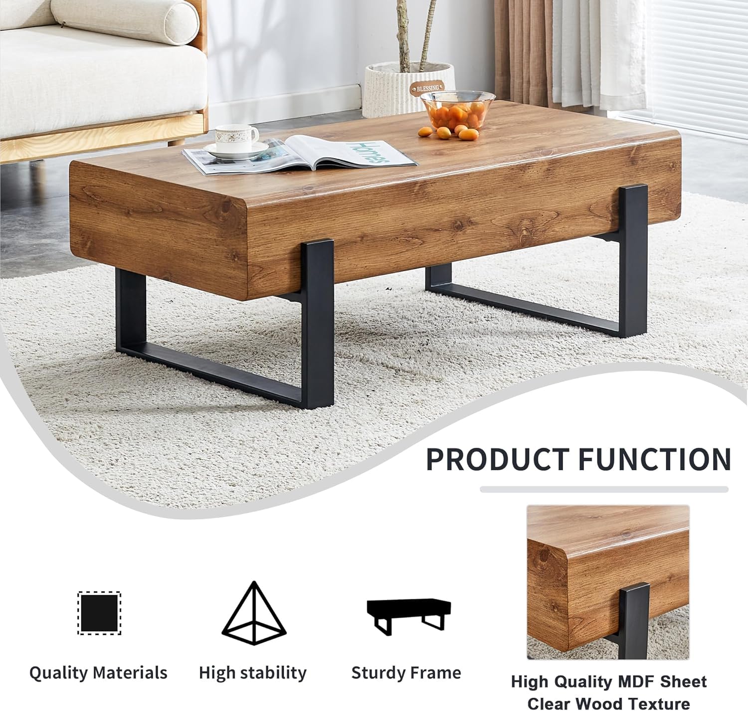 Rustic Rectangle Coffee Table - Modern Farmhouse Wooden Coffee Table with Sturdy Metal Legs, Living Room Center Table for Home Decor | Perfect for Farmhouse, Industrial & Contemporary Style Living Spaces