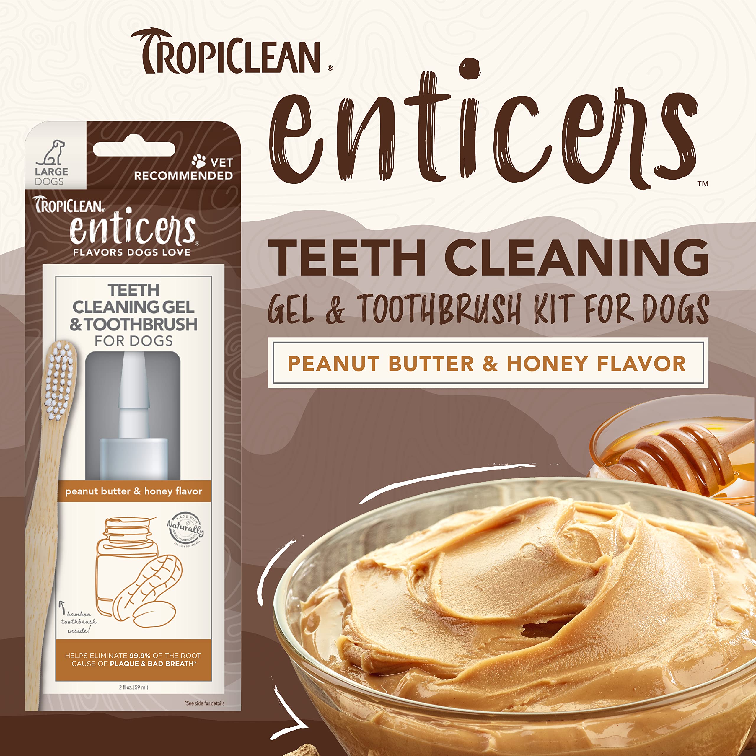 TropiClean Dog Teeth Cleaning Gel & Bamboo Brush - Peanut Butter Flavor for Large Dogs | Freshens Breath & Removes Plaque | Perfect for Daily Oral Care