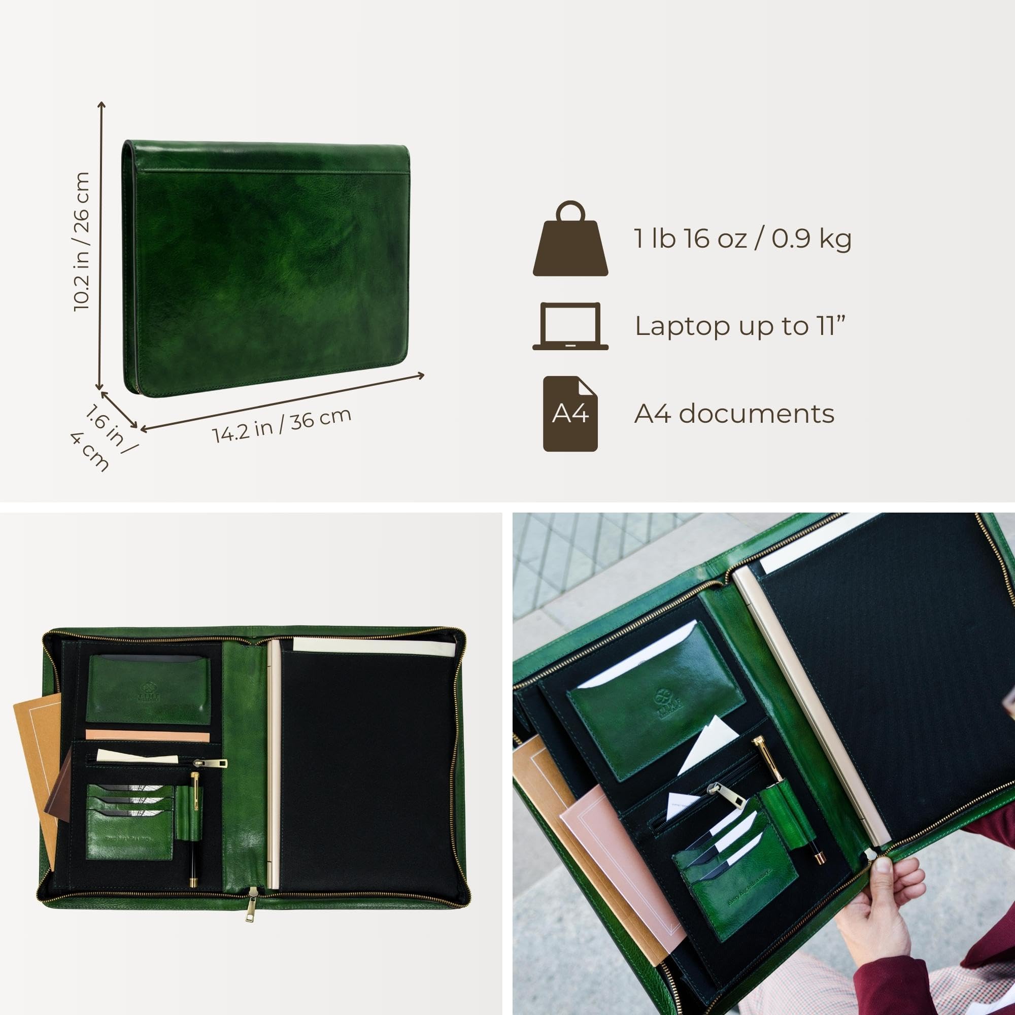 Premium Italian Handcrafted Leather Portfolio Organizer - A4 Document Folder with Time Resistance - Elegant Green Padfolio - Perfect for Business Meetings, Office Use & Professional Gifts (Includes Gift Box)