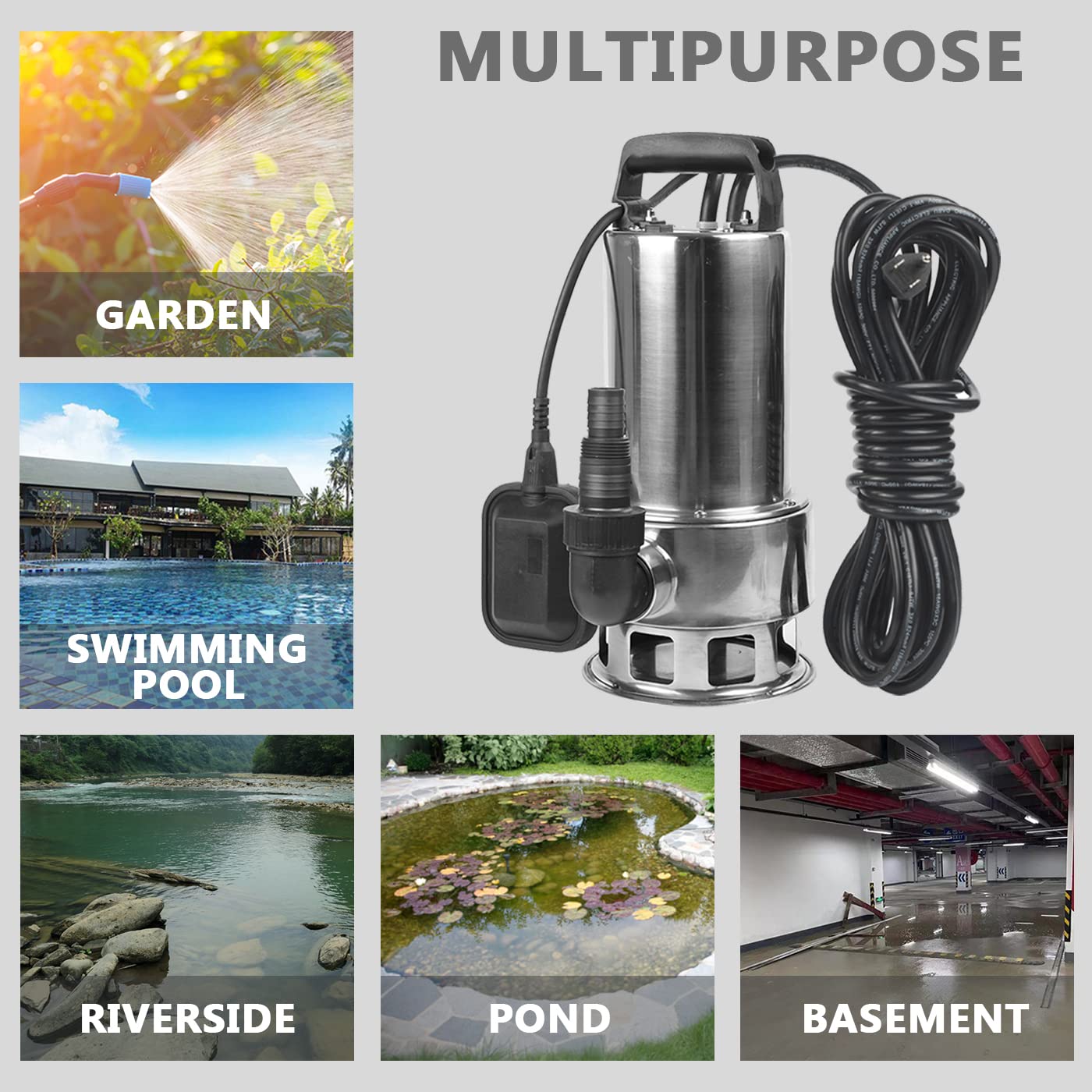 1.5HP 4250 GPH Heavy Duty Stainless Steel Submersible Water Pump - Sump, Drain, Pool, Pond & Flood Water Transfer for Clean/Dirty Water - Ideal for Basement, Construction & Emergency Use