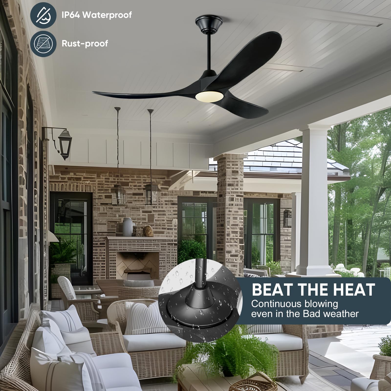 52 Inch Black Smart Ceiling Fan with LED Lights - Outdoor/Indoor Modern Wood Blades Fan - Quiet Reversible DC Motor - Alexa/App/Remote Control - Perfect for Patio, Living Room, Bedroom & Covered Porch