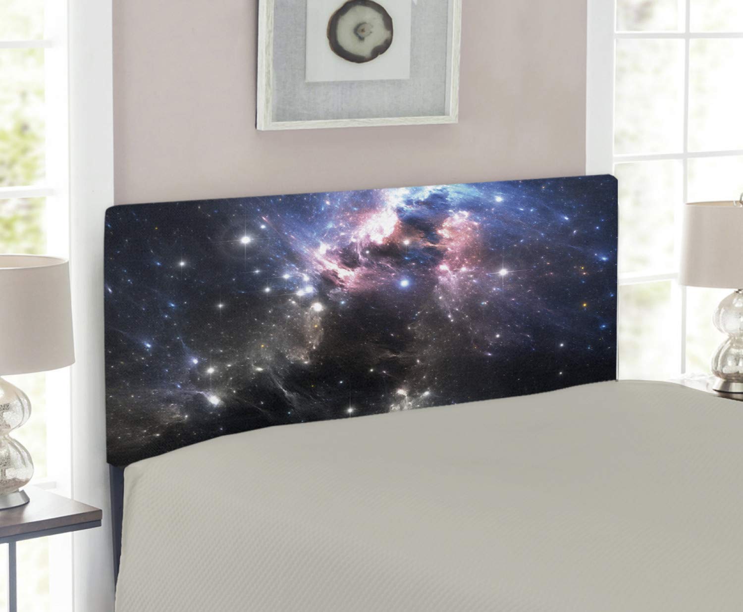 Ambesonne Constellation Headboard - Twin Size Upholstered Metal Bed Frame with Memory Foam | Vivid Nebula Space Design in Pale Pink, Blue & Black | Futuristic Supernova Pattern for Bedroom Decor | Perfect for Kids Rooms, Dormitories & Modern Home Interiors