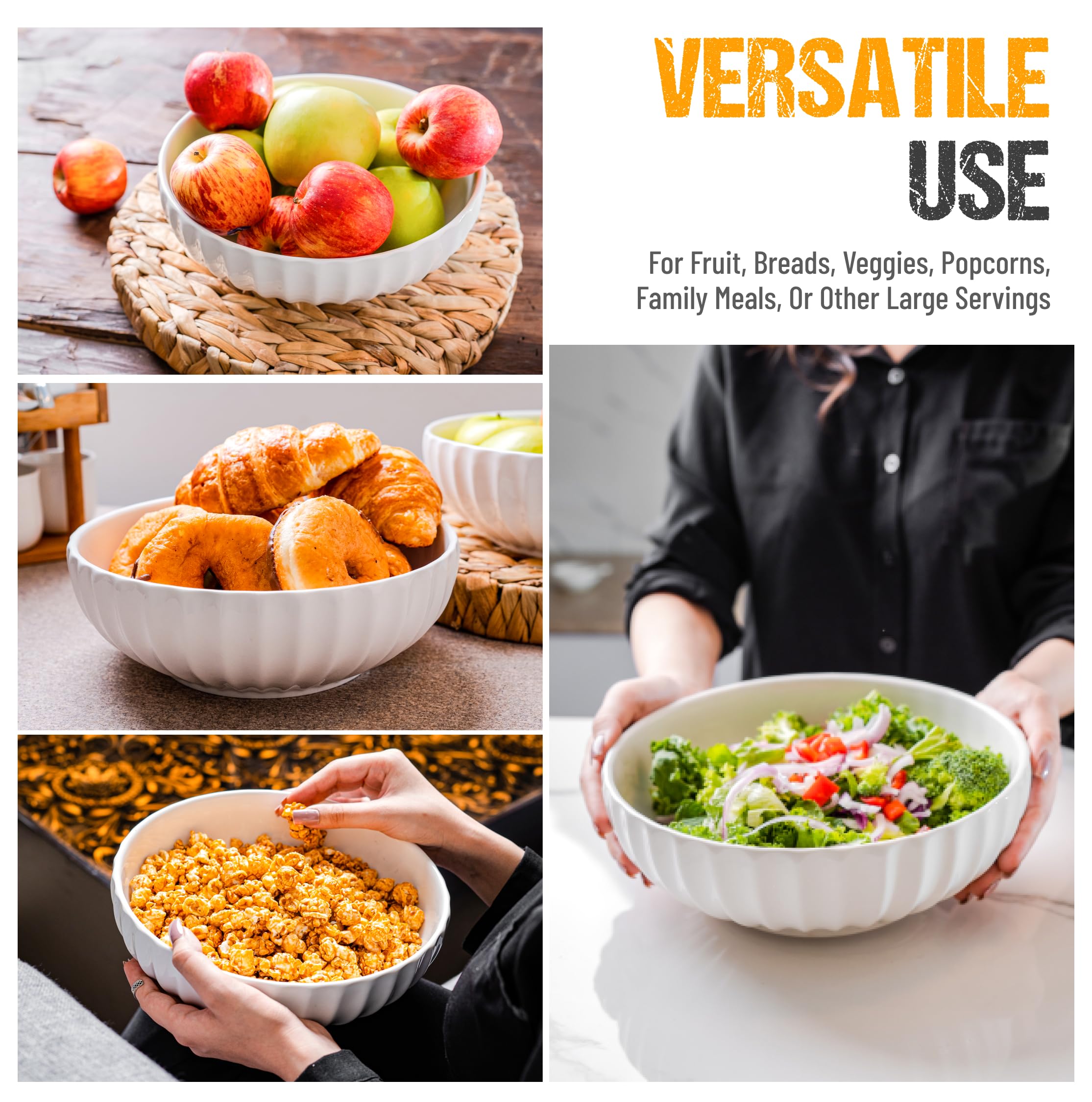 Premium White Ceramic Serving Bowls Set - Large Salad Bowls for Entertaining, Pasta, Fruit & Soup | Extra Large Serving Dishes for Dining, Parties & Family Gatherings | Durable Everyday Dinnerware for Restaurants & Home Use