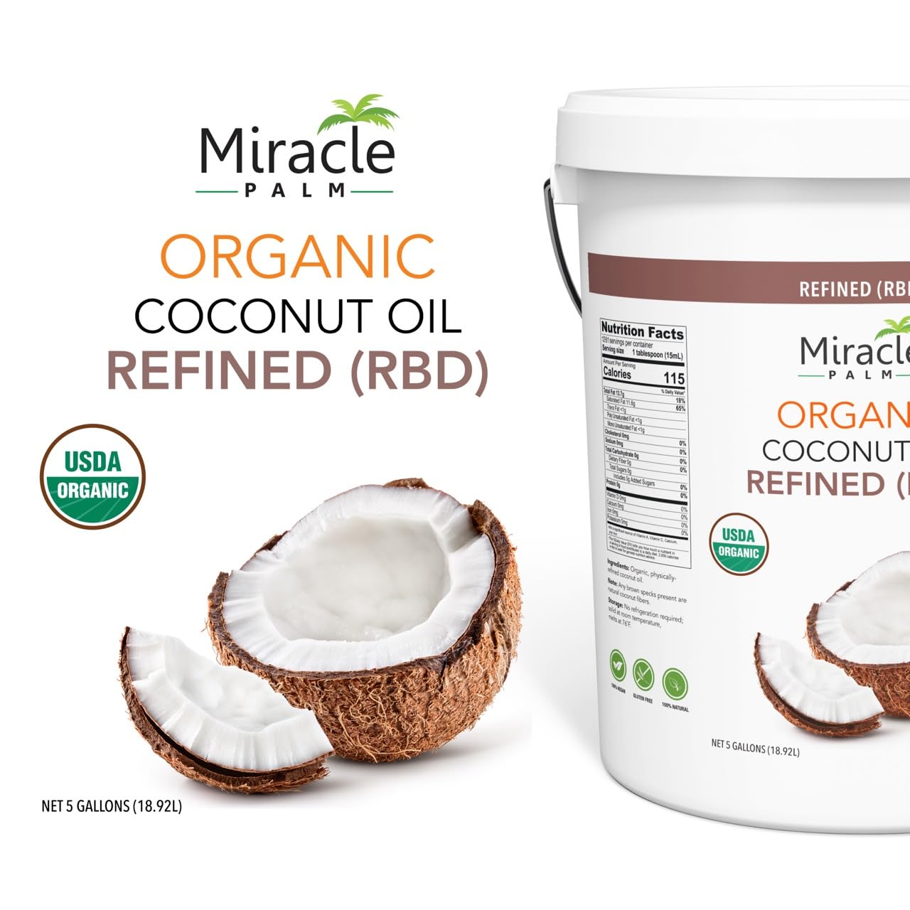 Organic Refined Coconut Oil (RBD) 5 Gallons - Bulk Coconut Oil for Cooking, Baking & Beauty - Vegan, Non-GMO, Gluten Free, Tasteless - Perfect for Skin Care, Hair Treatment & Massage - Miracle Palm Premium Coconut Oil
