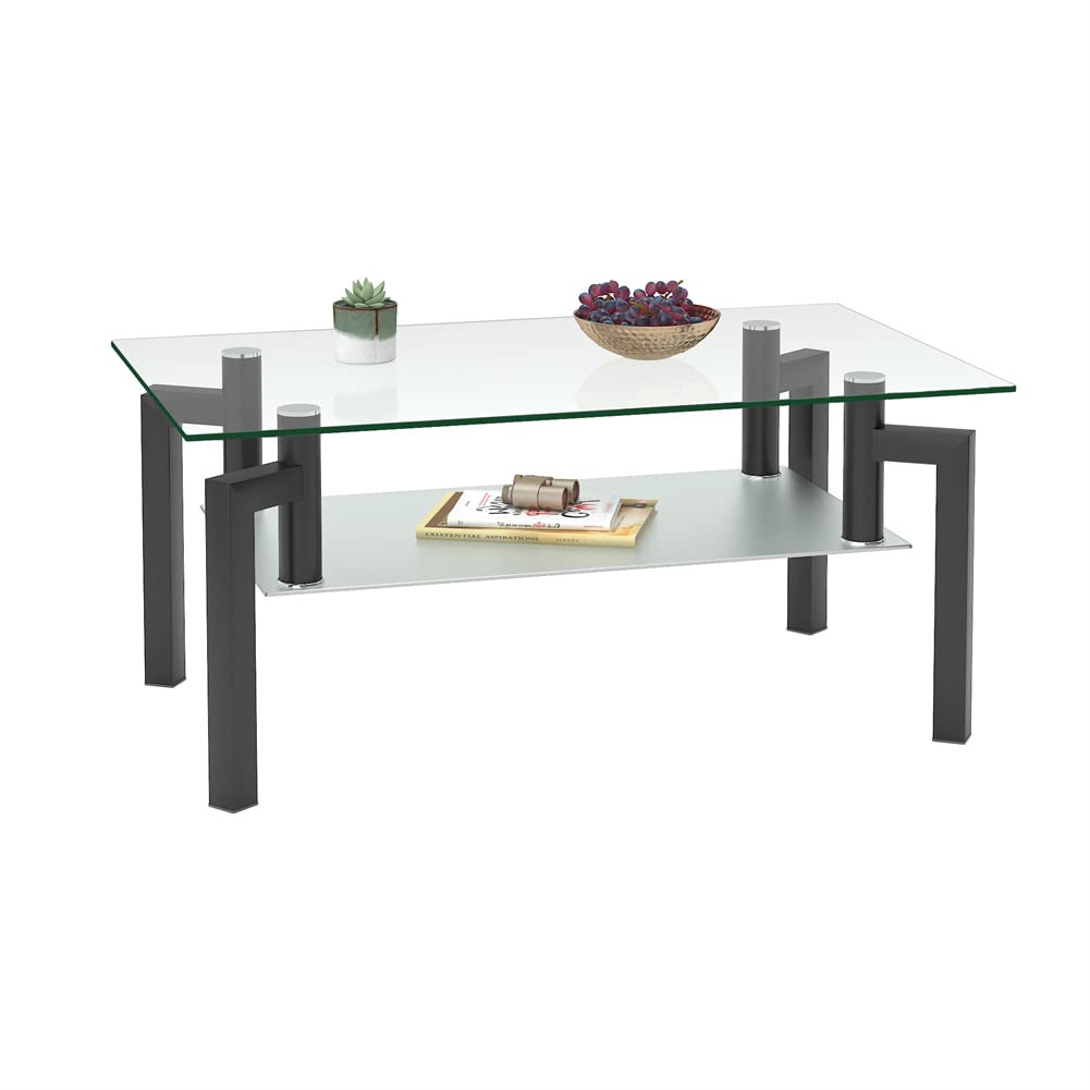 Modern Black Glass Rectangle Coffee Table with Lower Shelf - Stylish Living Room Furniture for Conversation & Leisure Occasions | Perfect for Small Spaces, Apartments & Home Decor