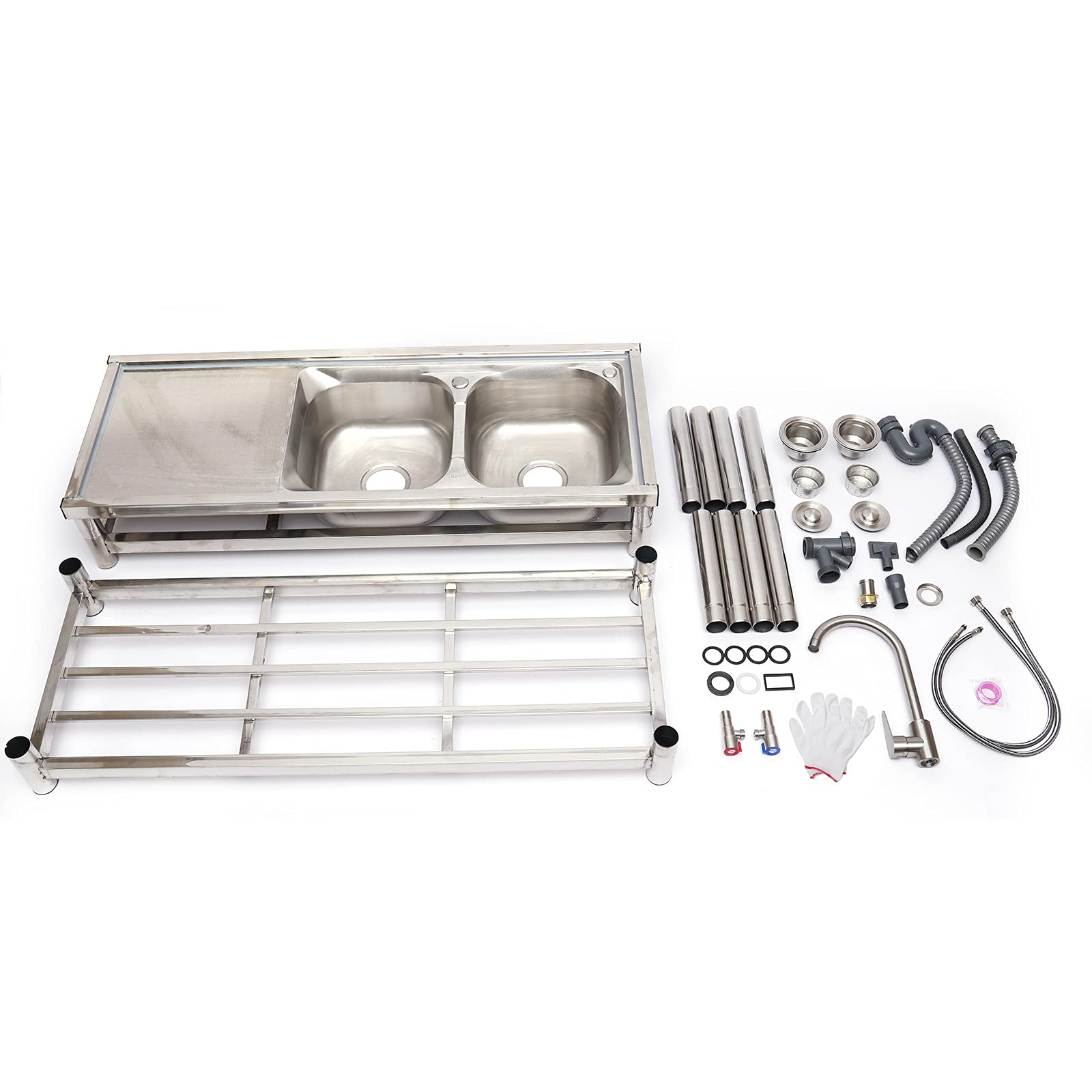 Commercial Stainless Steel 2-Bowl Utility Sink with Faucet - Heavy Duty Kitchen & Catering Prep Table for Home, Restaurant, and Food Service