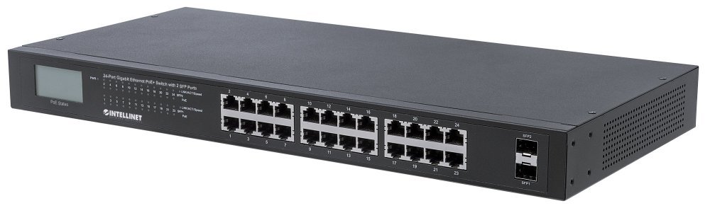 Intellinet 24-Port Gigabit PoE+ Network Switch with 2 SFP Ports | 250W Power Budget | IEEE 802.3af/at Compliant | for IP Cameras, VoIP Phones & Wireless Access Points | Ideal for Office & Business Network Setup