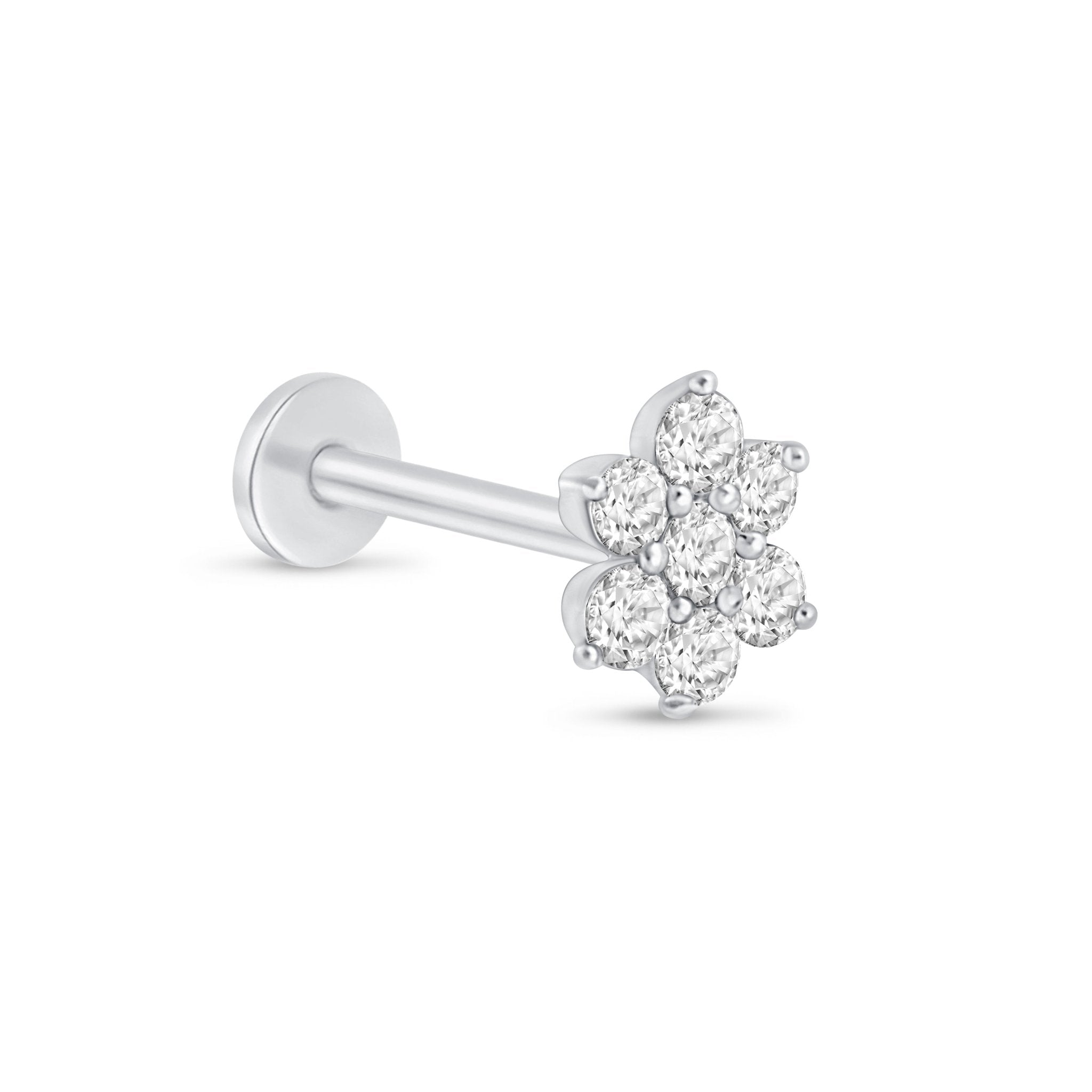 14k White Gold Seven Diamond Flower Flat Back Stud Earrings - Elegant & Dainty Jewelry for Women, Perfect for Weddings, Parties & Everyday Wear