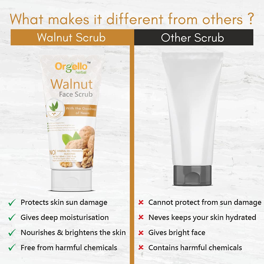 Orgello Herbal Walnut Scrub 60g (Pack of 2) - Natural Face & Body Exfoliator for Men & Women - SLS, Paraben & Mineral Oil Free - Ideal for Normal, Oily & Dry Skin - Perfect for Daily Skincare Routine & Spa Treatment at Home