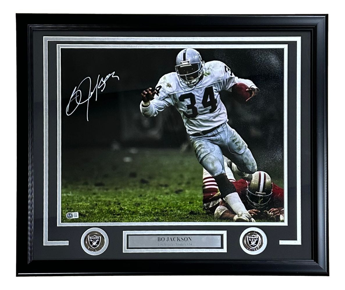 Bo Jackson Autographed Oakland Raiders White Jersey Framed 16x20 Photo - Limited Edition Collectible for Sports Memorabilia Fans & Home Office Decor