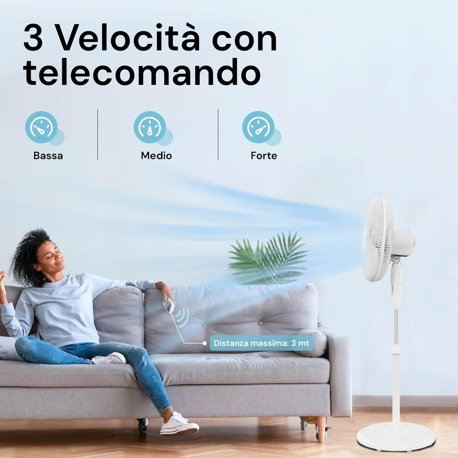Wintem 3-Blade Standing Fan with Remote Control - Adjustable Timer, 3 Speed Settings, Ultra Quiet 45W, White - Perfect for Home, Office & Bedroom Cooling