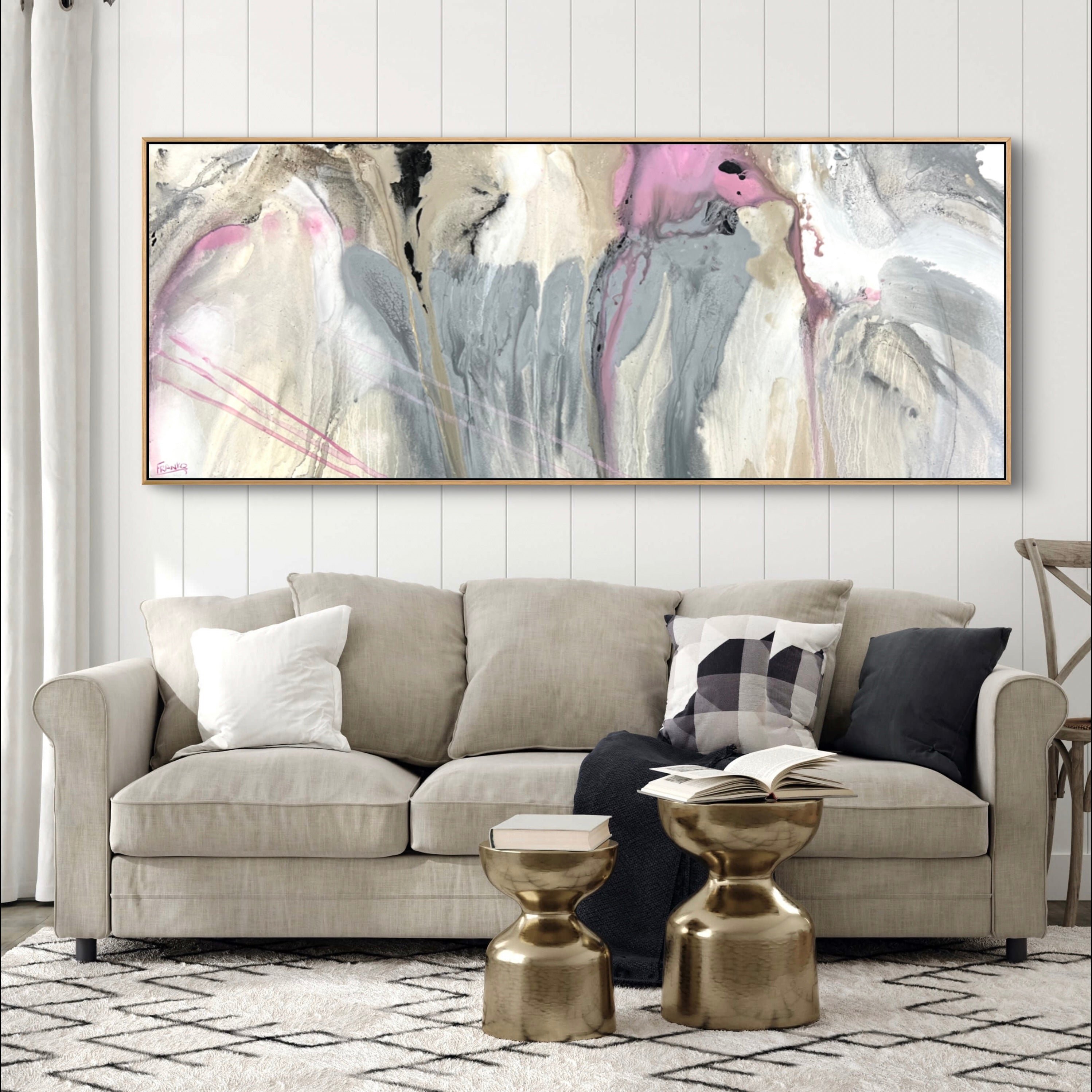 Refined 881 Abstract Painting - 200cm x 80cm Grey Pink White Malt Blended Canvas Art for Modern Living Room & Office Wall Decor
