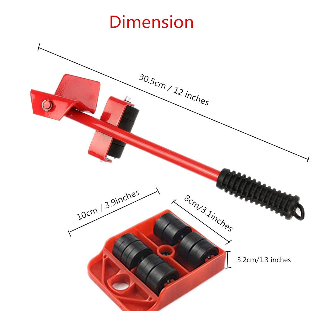 Heavy Duty Furniture Lifter Set - 1 Lifting Rod & 4 Moving Rollers for Appliances, Couches, Beds - Durable Home & Office Moving Tools (Red) - Perfect for Moving Heavy Furniture on Hardwood & Carpet Floors