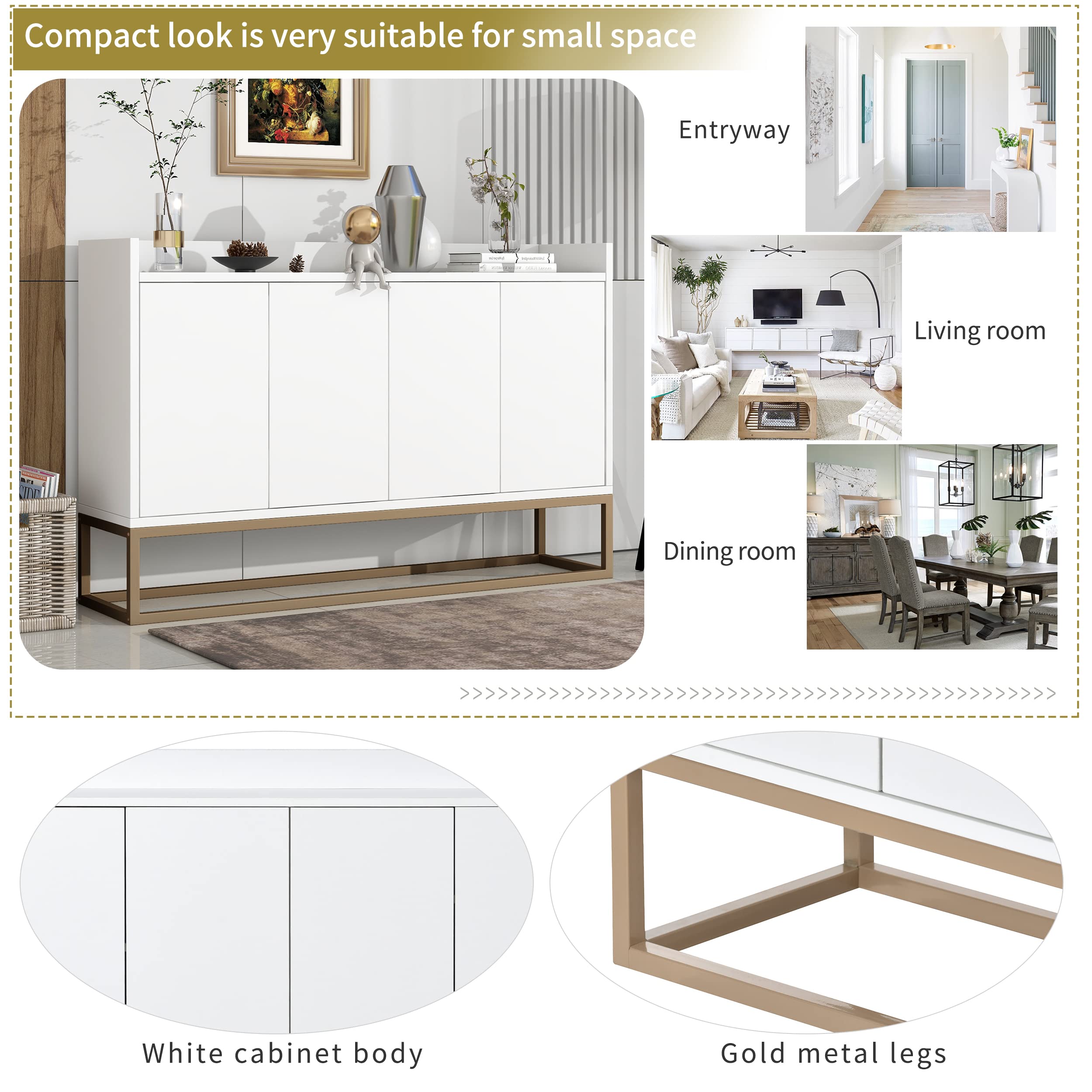 Modern Sideboard Buffet Cabinet with 4 Doors & Display Shelves - Elegant Storage Cupboard with Gold Metal Base for Dining Room, Entryway, Kitchen - Perfect for Home Organization & Stylish Display (White)
