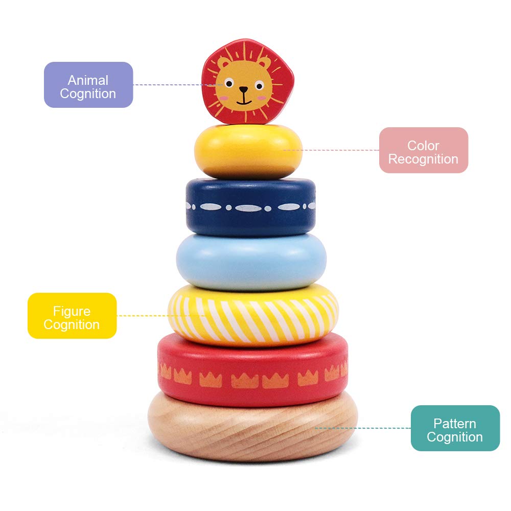 LEO & FRIENDS Wooden Stacking Ring Toys with Lion Design - Montessori Educational Toys for Toddlers 1+ Years - Early Learning & Baby Development Toys for Fine Motor Skills - Perfect for Playtime, Birthday Gifts & Preschool Activities