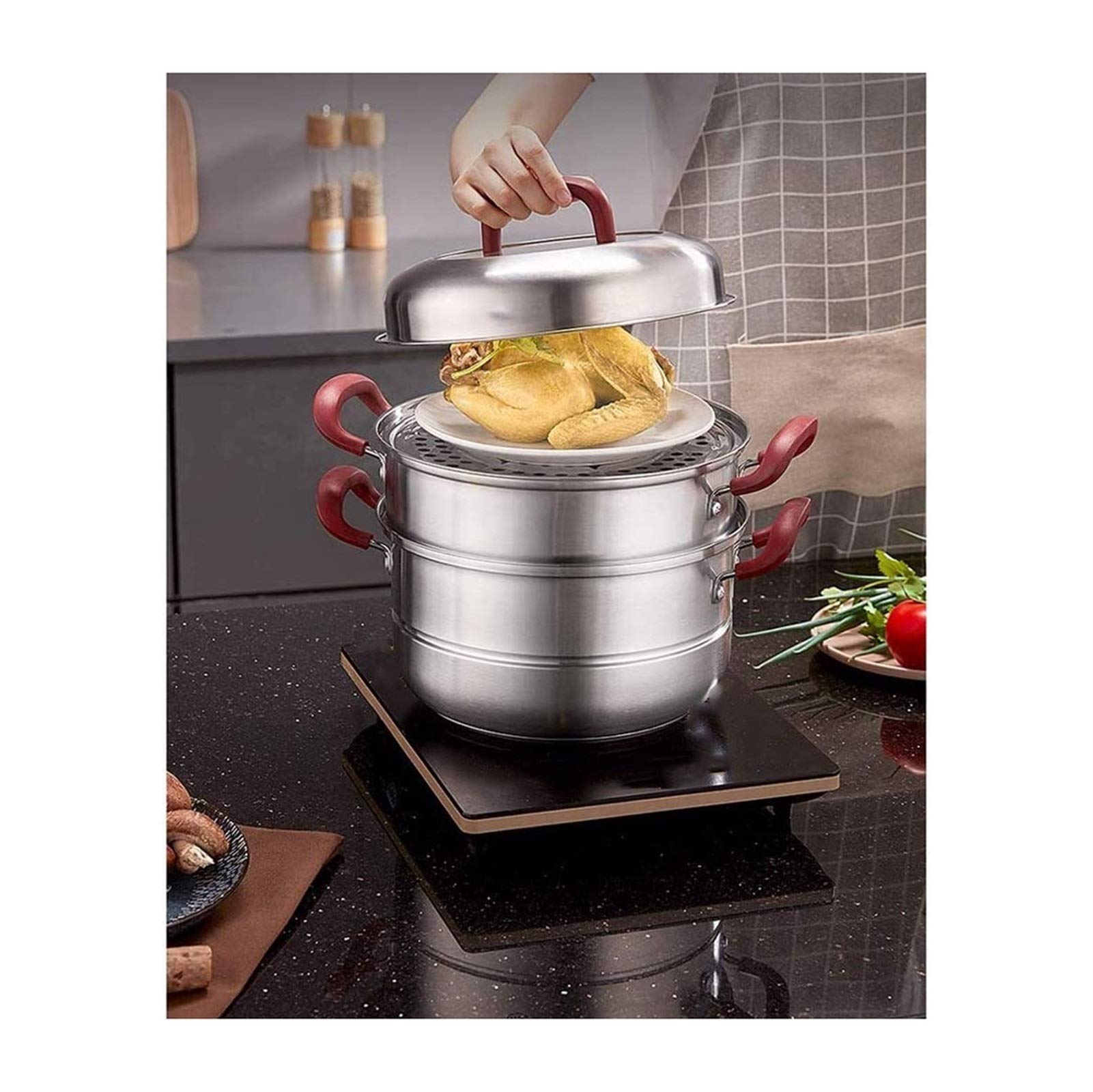 3-Tier Stainless Steel Steamer Pot - Multi-Layer Boiling Basket with Dual Side Handles & Tempered Glass Lid - Compatible with Gas, Electric, Grill Stovetops - Dishwasher Safe - Perfect for Dumplings, Vegetables & Seafood Cooking