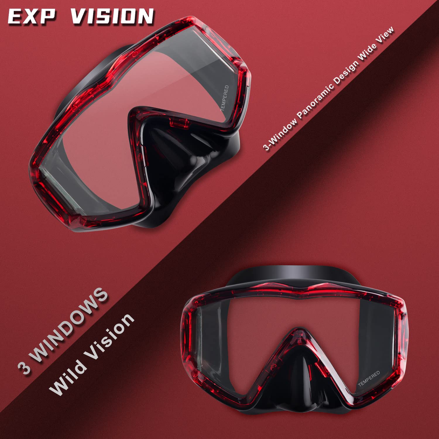 Premium Adult Panoramic 3-Window Scuba Diving Mask - Anti-Fog Tempered Glass Snorkel Mask with Nose Cover & Leak-Proof Design - Ideal for Snorkeling, Freediving, Swimming & Underwater Adventures