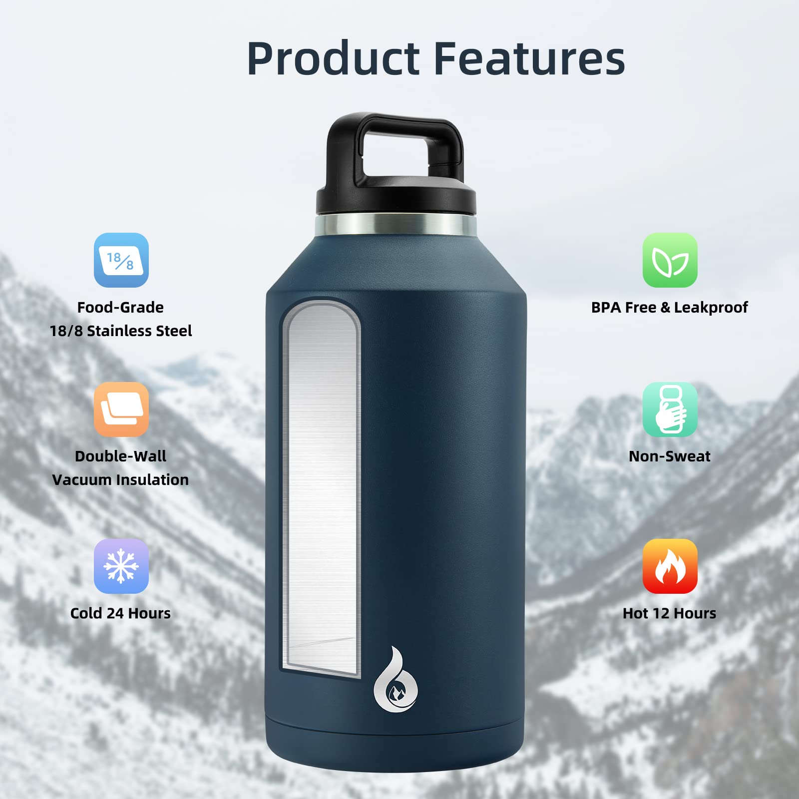 Insulated 64oz Stainless Steel Water Bottle - Leakproof, BPA-Free for Sports & Outdoors