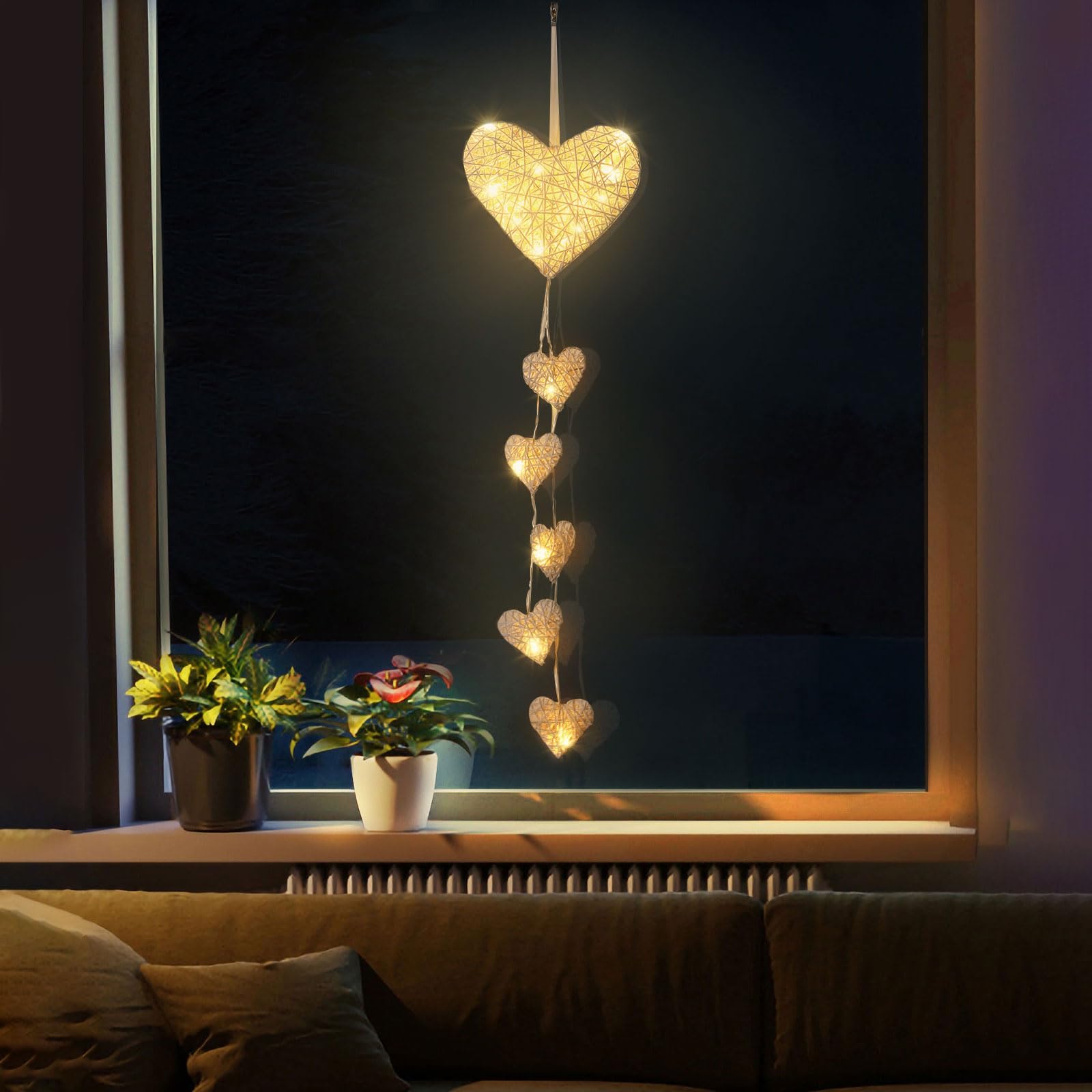 Lewondr Heart-Shaped Rattan Hanging Light - Battery Operated Fairy Lights with Timer for Indoor Decor, Kids Room, Bedroom, Window & Party Decorations - White | Perfect for Nursery, Wedding, Christmas & Cozy Ambiance Lighting