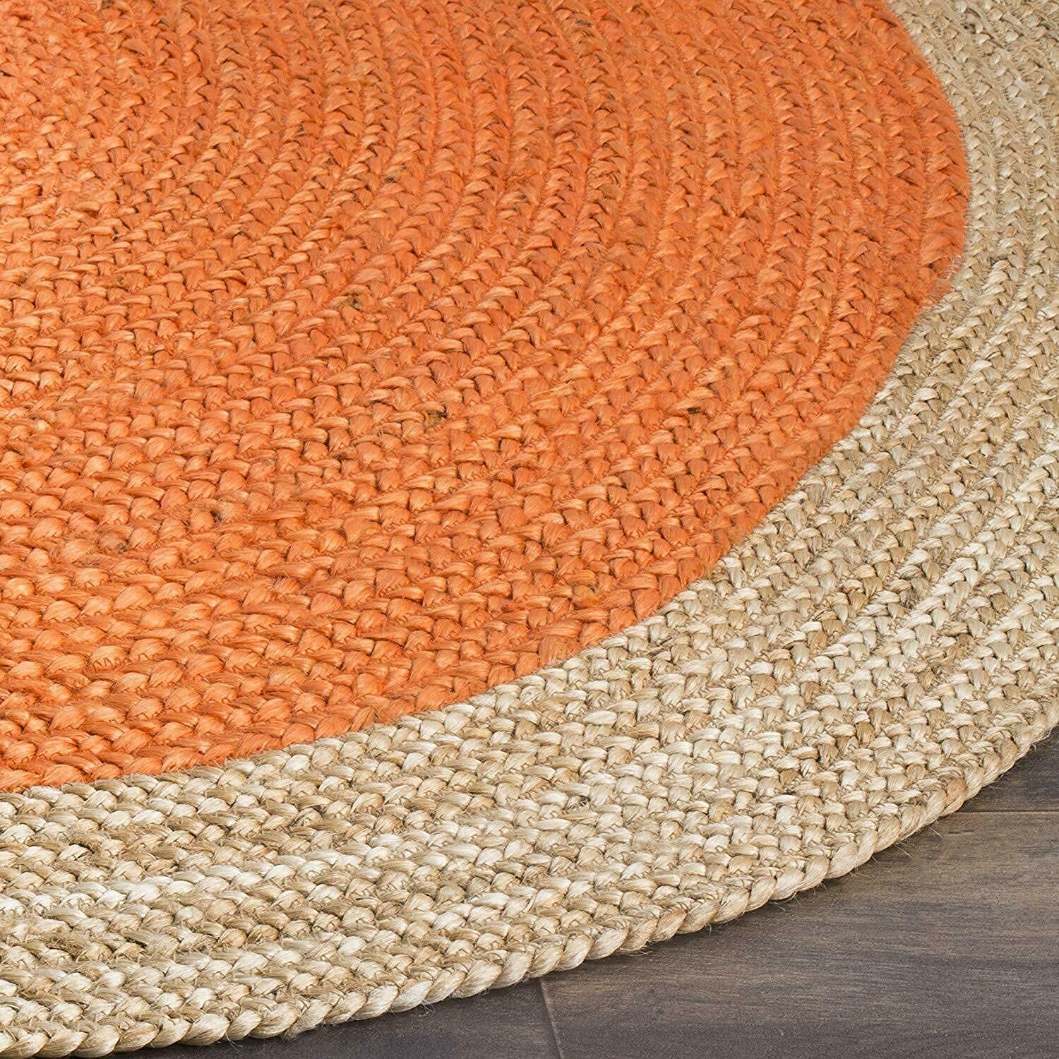 Handmade Natural Jute Round Farmhouse Rug - 11x11ft Braided Area Carpet for Living Room, Bedroom, Kitchen | Indoor/Outdoor Use | Orange Boho Decor | Perfect for Cozy Home, Patio & Dorm Room