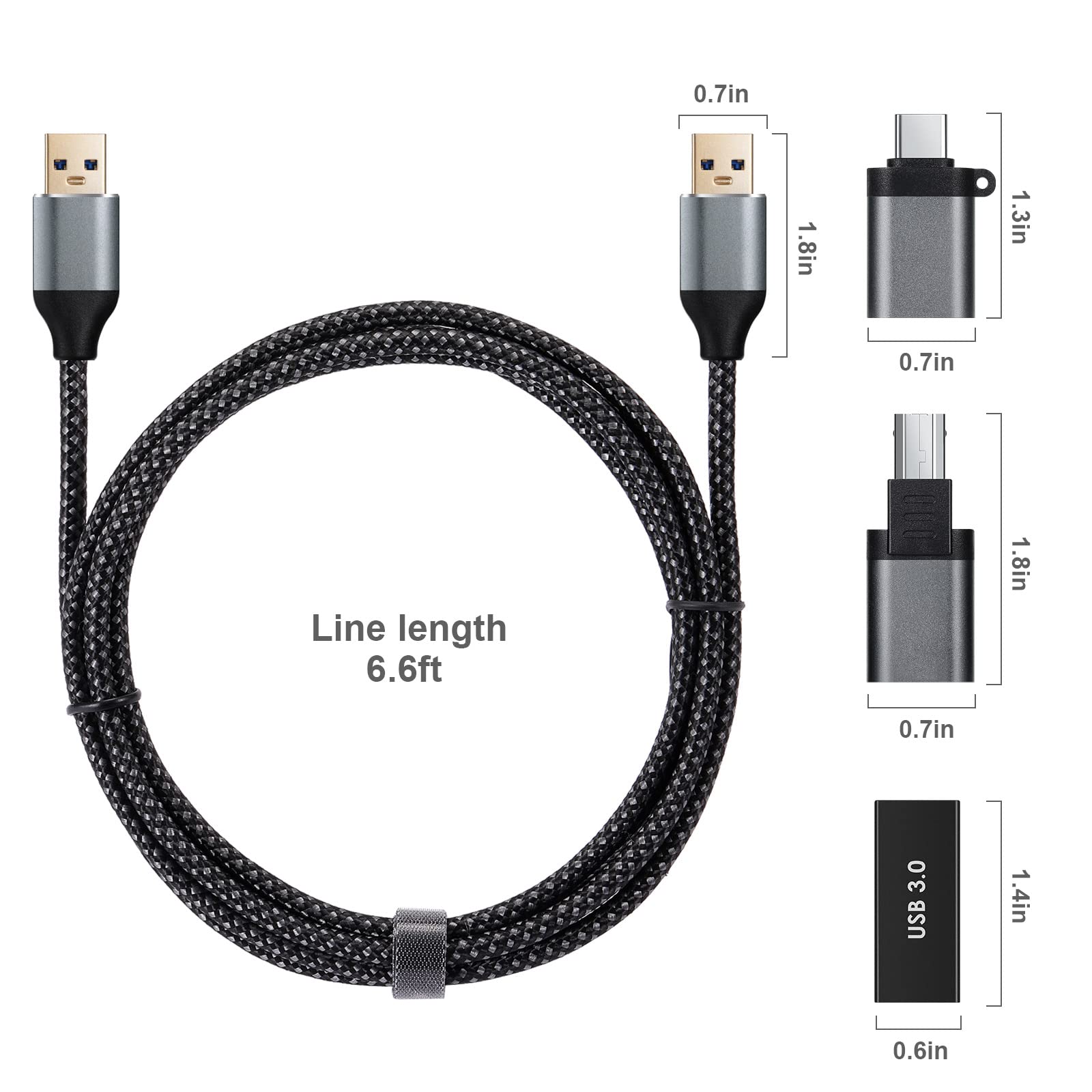 High-Speed USB 3.0 Cable (6.6ft) - USB A Male to USB A Female & USB C Adapter - Fast Charging Sync Cable for Phones, Printers, Laptops - Perfect for Home Office, Travel & Mobile Charging
