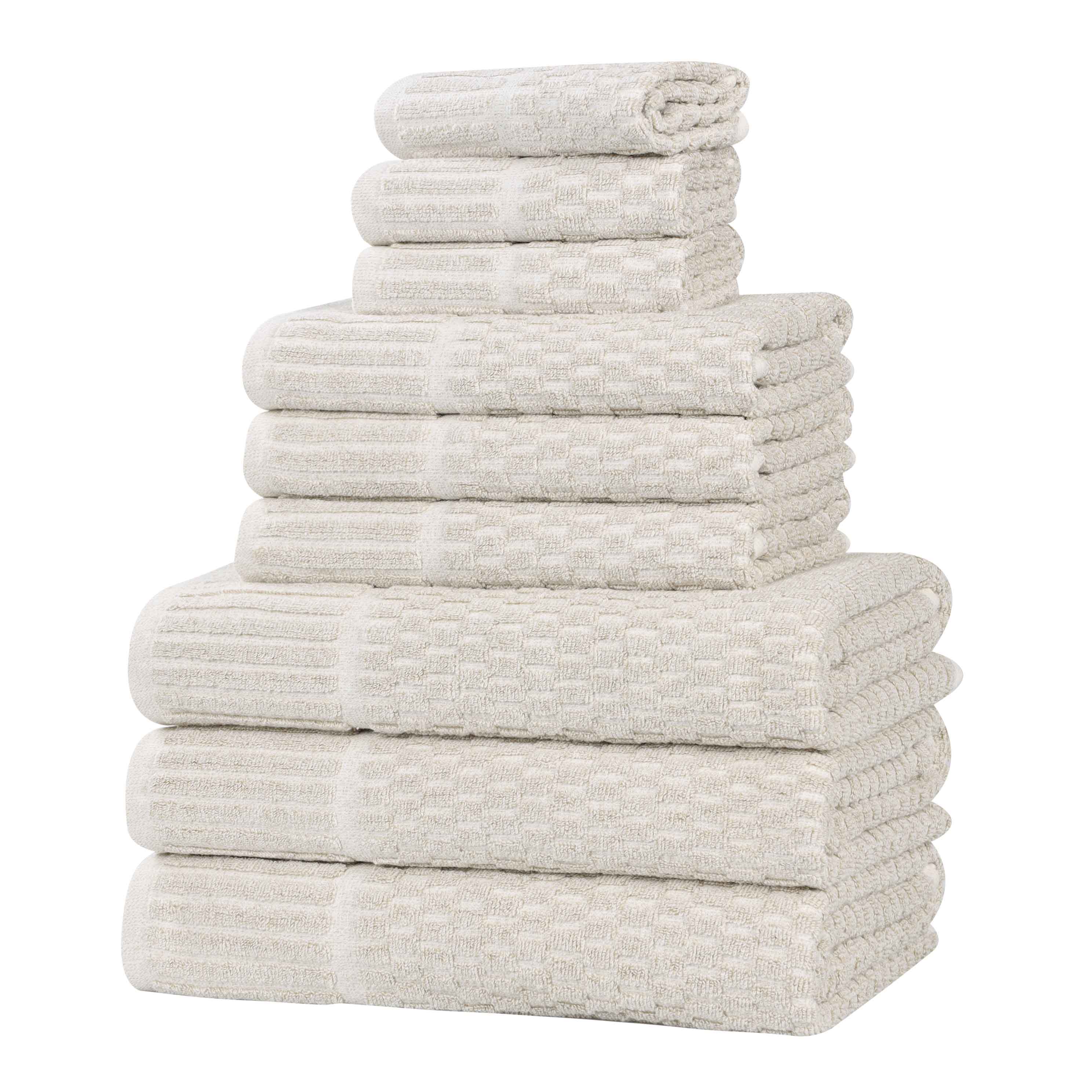Premium 9-Piece Cotton Blend Checkered Border Towel Set - Medium Weight, Soft & Absorbent for Bathroom, Spa, and Guest Use