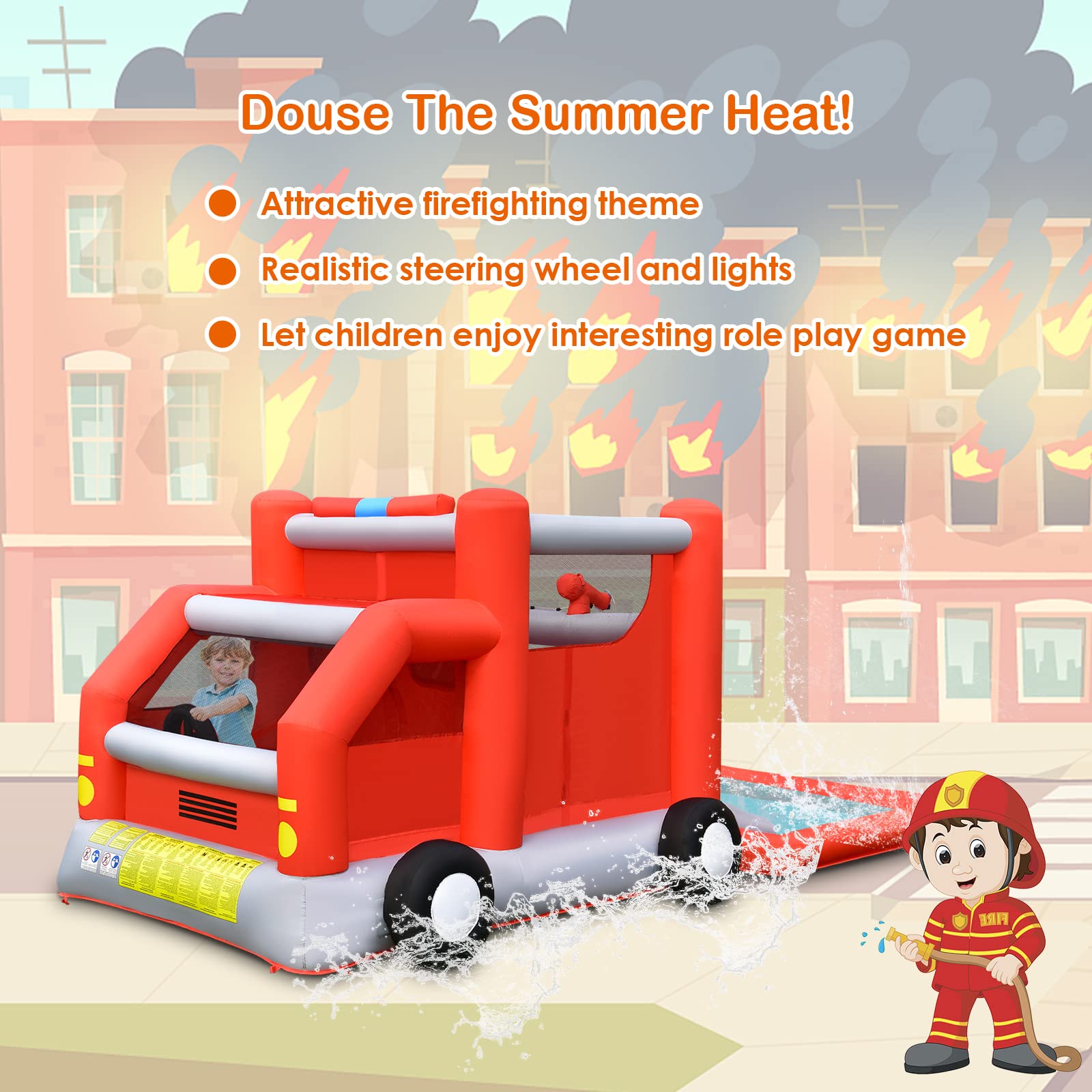 **HONEY JOY Inflatable Water Slide - Fire Truck Toddler Bouncy Water Park with Giant Splash Pool | Outdoor Water Bounce House for Kids & Adults | Backyard Summer Party & Birthday Fun (Includes 480W Blower)**