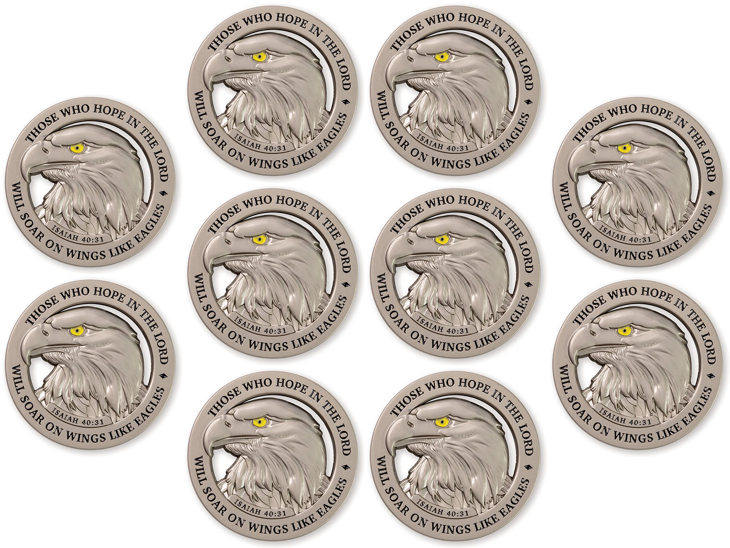10 Pack American Bald Eagle Challenge Coins - Bulk Christian Pocket Tokens with Isaiah 40:31 Bible Verse - Inspirational Religious Gifts for Men, Police & Military Veterans - Perfect for Bible Study, EDC Carry & Military Appreciation