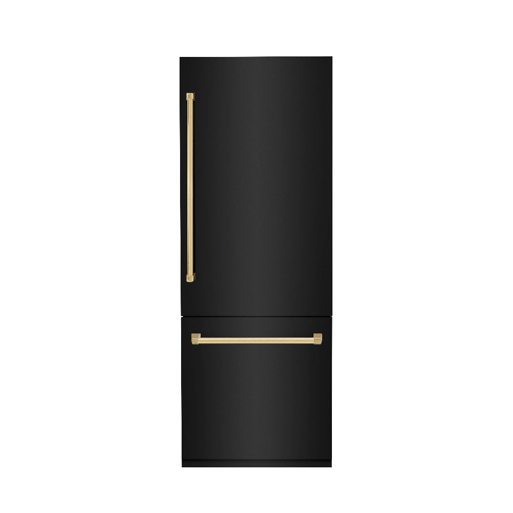 ZLINE Autograph Edition 30-Inch Built-In Bottom Freezer Refrigerator - 16.1 cu ft Capacity, Black Stainless Steel with Gold Accents, Water Dispenser & Ice Maker - Perfect for Modern Kitchens & Open-Concept Homes