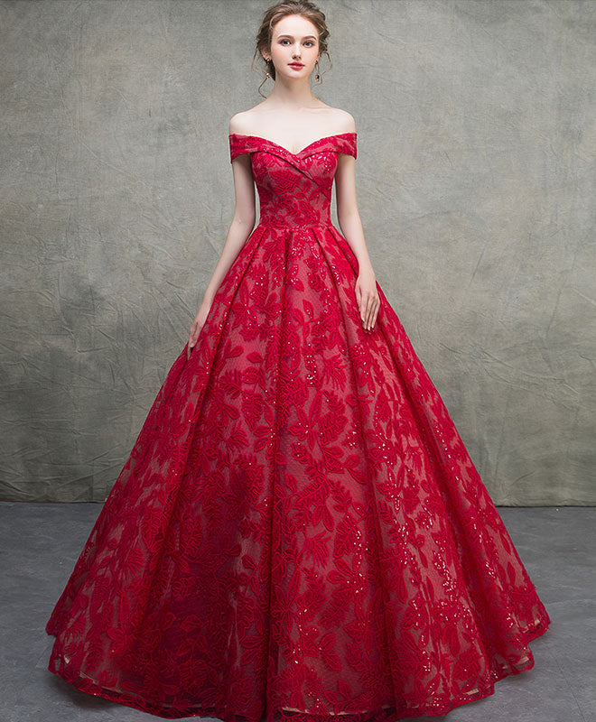 Elegant Red Off Shoulder Lace Long Prom Dress | Formal Evening Gown for Women | Perfect for Homecoming, Prom Night & Special Occasions