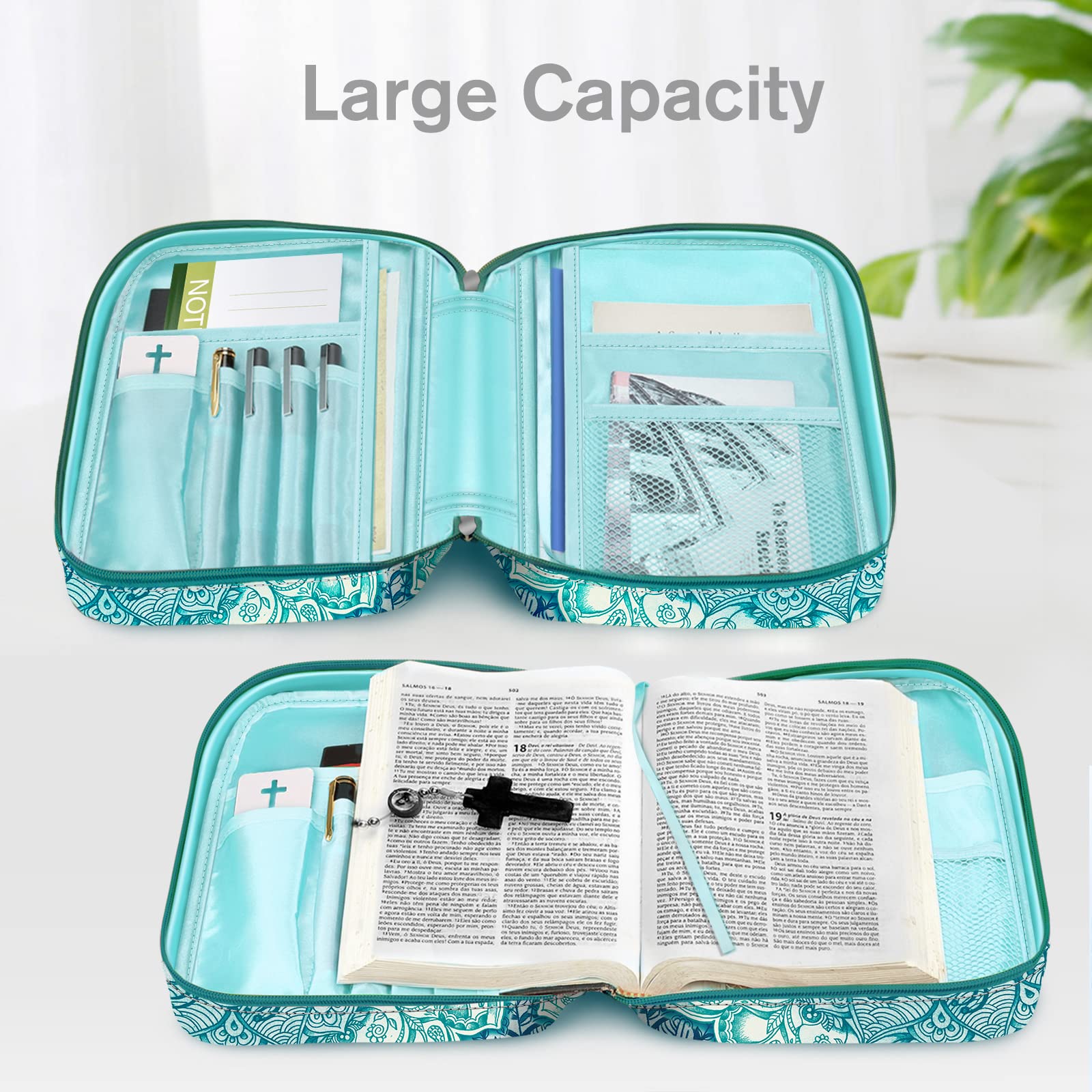 FINPAC Bible Cover with Handle & Zipper Pocket - Durable Protective Book Case for Church, Travel & Daily Use - Perfect Gift for Women, Men & Mothers - Emerald Green Design for Scripture Protection