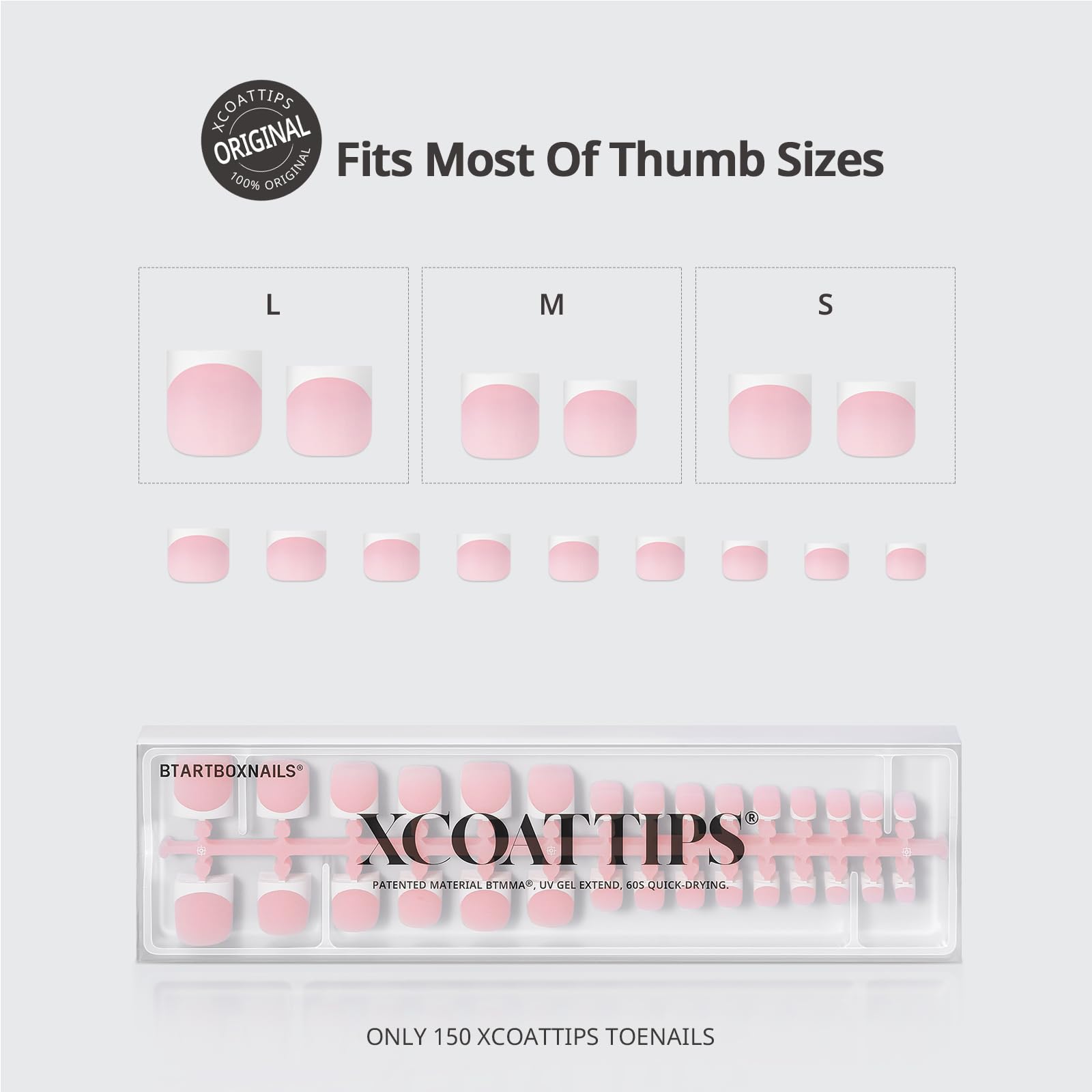 BTArtboxnails XCOATTIPS Toe Nail Tips - 150pcs Soak Off French Tip Press On Toenails for Women, Square Pink Fake Nails, 15 Sizes, UV/LED Curable, Requires Builder Gel & Top Coat - Perfect for Pedicures, Nail Art, and Home Manicures