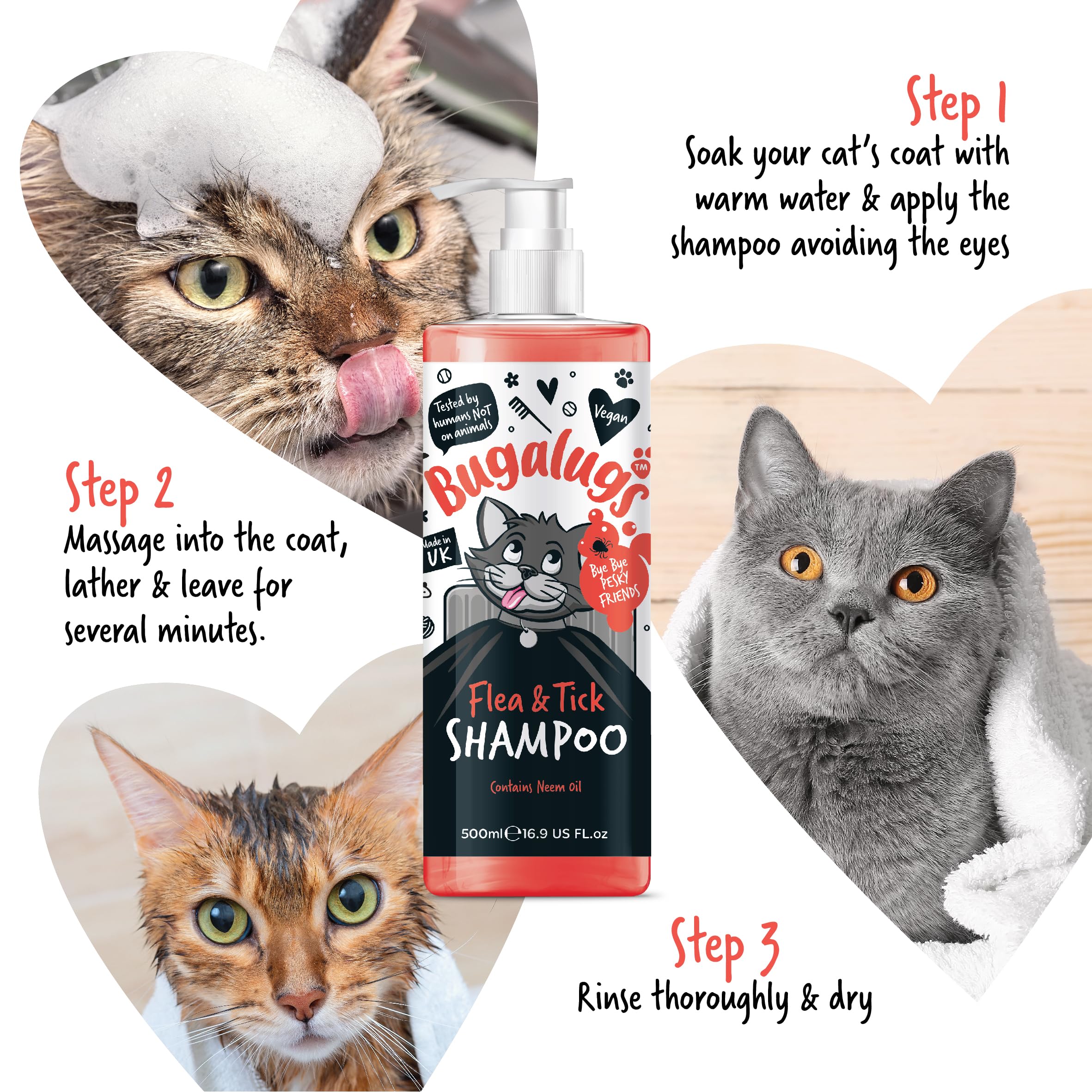 Bugalugs Flea & Tick Shampoo for Cats - 500ml Natural Neem Oil Formula | Deep Cleansing Cat Shampoo Kills Fleas, Ticks & Mites | pH Balanced Vegan Pet Care | Perfect for Bathing & Grooming Anxious Cats
