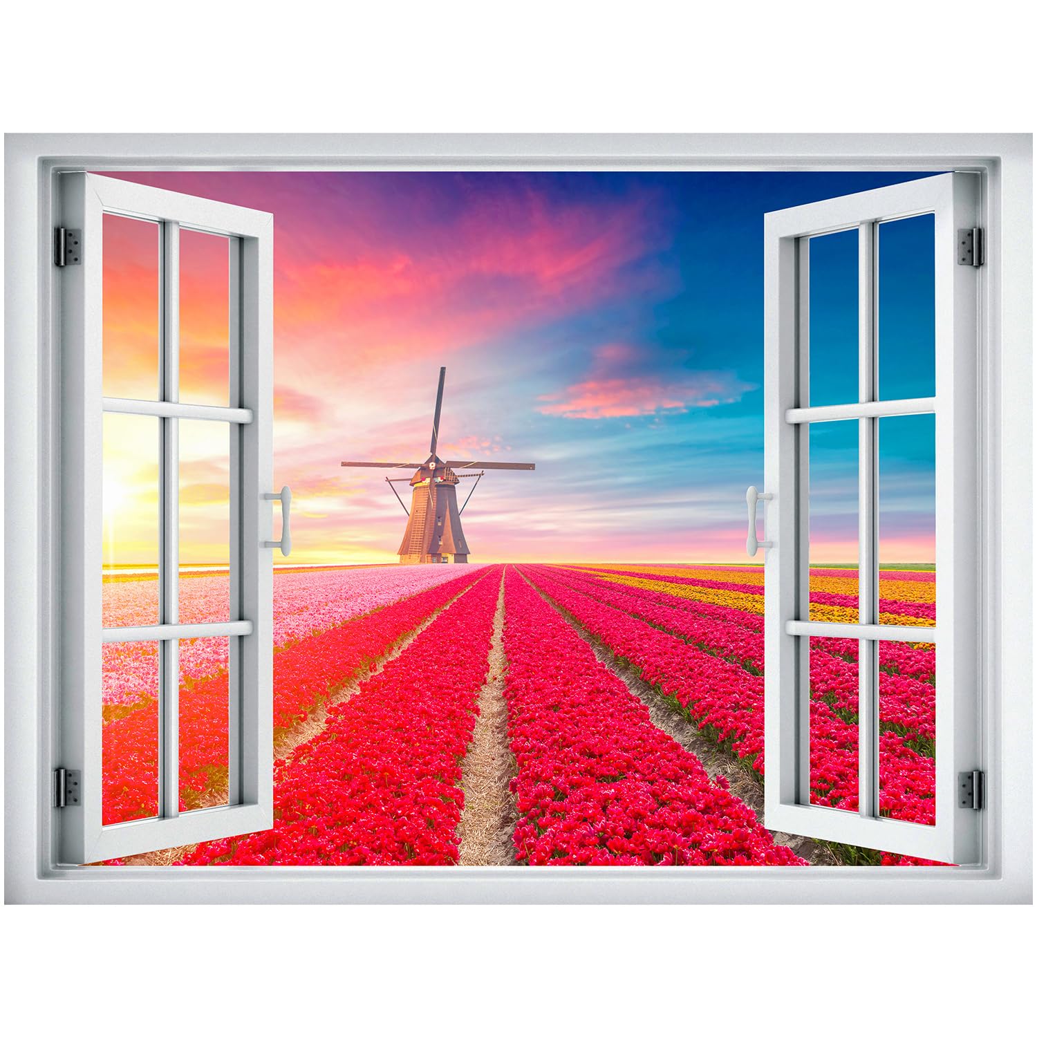 Wall26 Removable Wall Sticker - Vibrant Sunset Dutch Windmill & Flower Field Landscape Mural (24